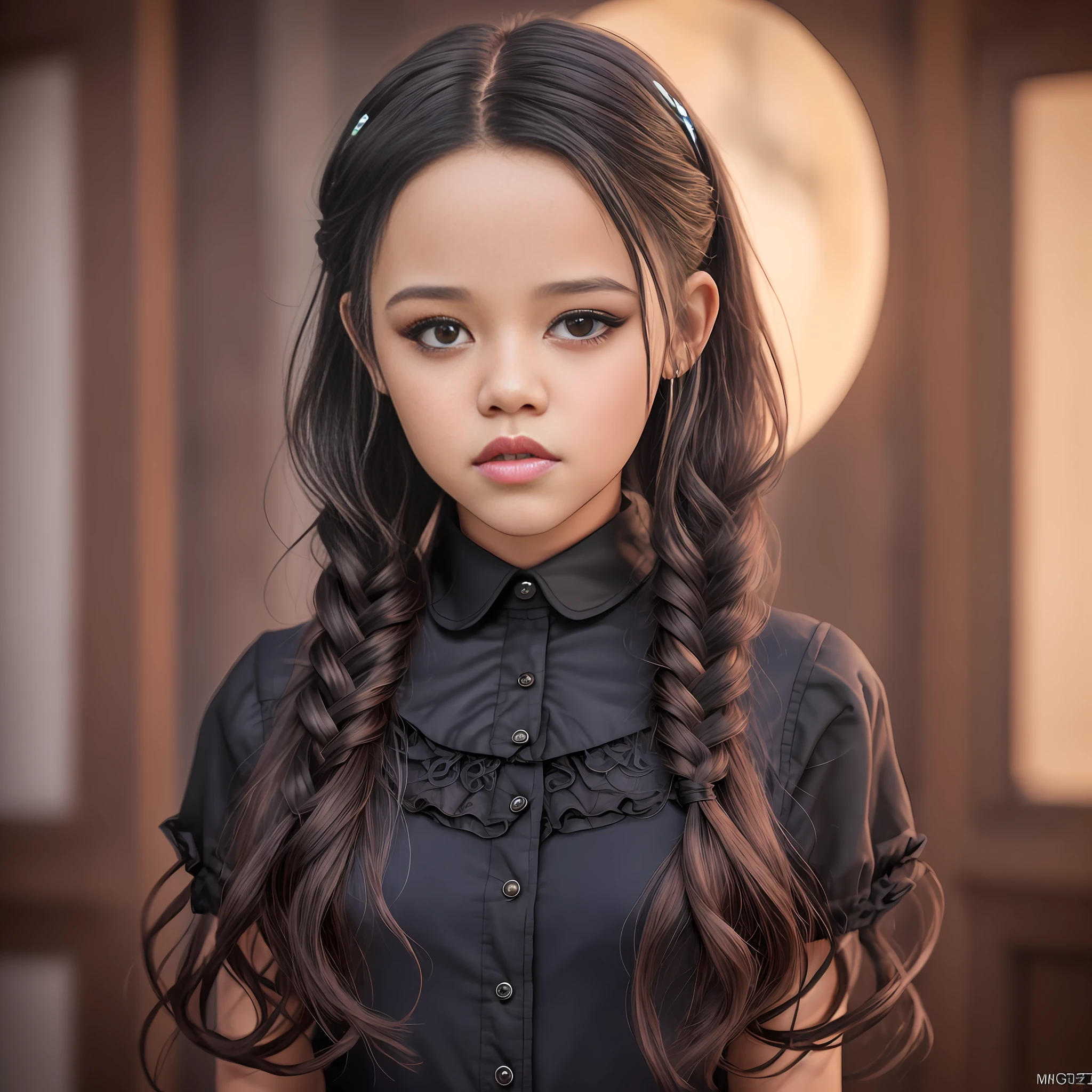 a photo of the beautiful Jenna Ortega as Wednesday Addams, Netflix, black hair, sunset, woman with braids and a collared shirt posing for a photo, a character portrait by Andrei Kolkoutine, trend in cg society, international goth, Wednesday Addams, as Wednesday Addams, school girl in gothic dress, portrait of cute goth girl, with maria-chiquinha blacks, 17 - years old - old gothic girl, gothic girl, gothic girl dressed in black, style of (Steve McCurry), Nikon Z FX device, EF 70mm lens, cinematic lighting, studio context, long exposure style, long shot type, vibrant color scene, photorealistic, intrinsic, beautiful face, ultra-detailed face, perfect body, whole body, flawless, realistic, highly detailed, art station, trend, masterpiece, realistic face, realistic skin, detailed eyes, great art, render ultra realistic n-9, 4K, 8K, 16K, 20K, HDR, UHD, 64K, perfect lighting, studio lighting, photorealistic, hyper realistic, symmetrical face, unreal engine, bokeh, high resolution scanning, professional photography