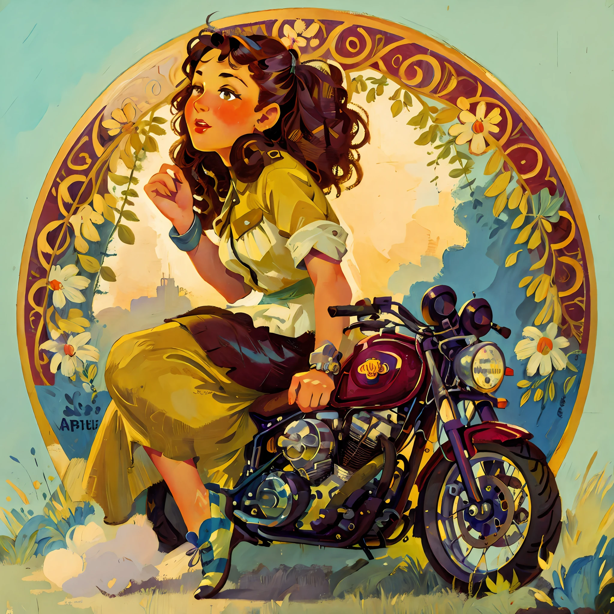 a painting advertisement of a woman sitting on a motorcycle with a sky background, hyperrealistic art nouveau, alphonse mucha style, art nuveau, in art nouveau style, mucha style 4k, mucha. art nouveau. gloomhaven, mucha style, modern art noveau, artem demura alphonse mucha, alsphonse mucha