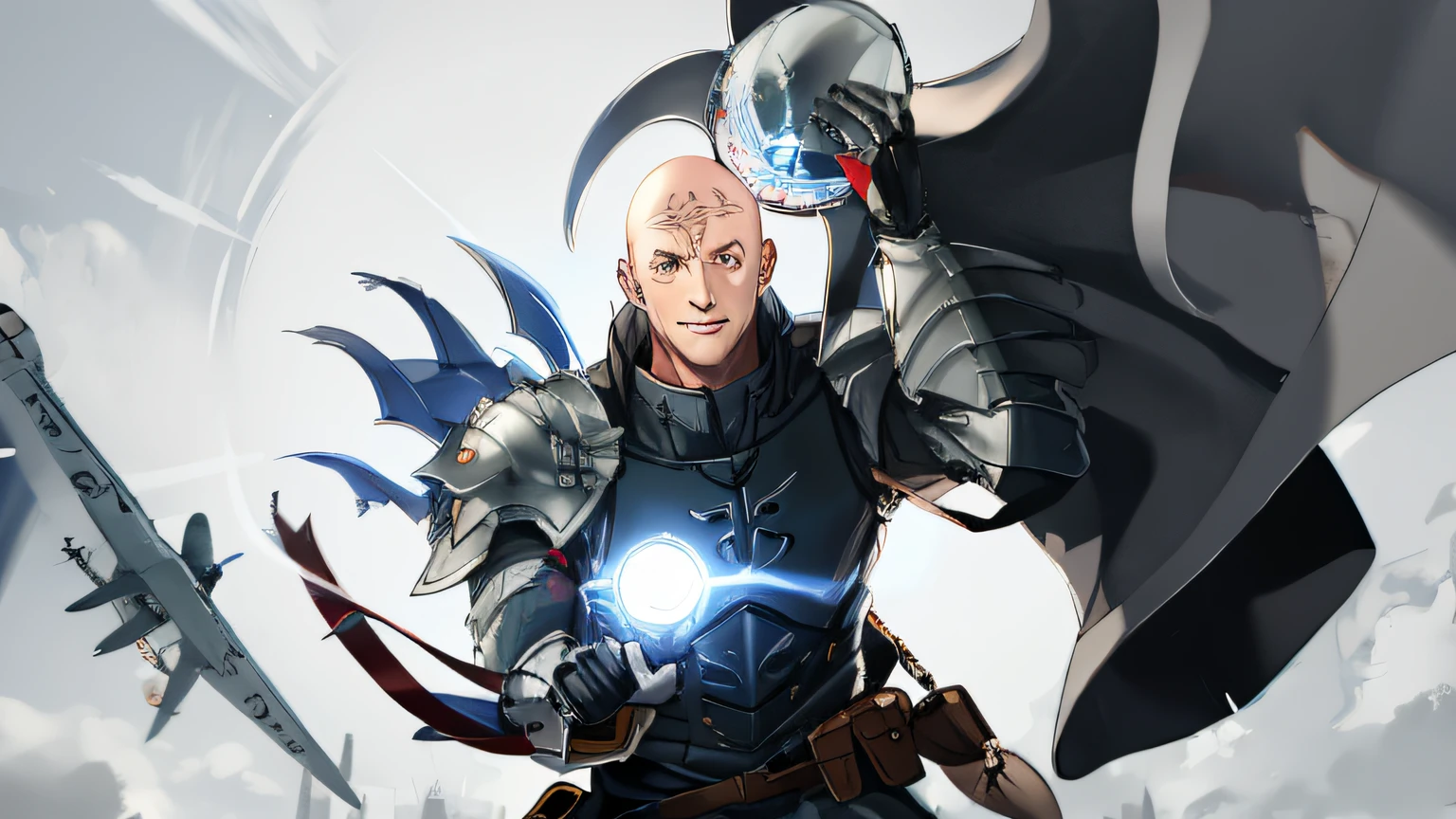 A bald man in armor takes off his helmet，