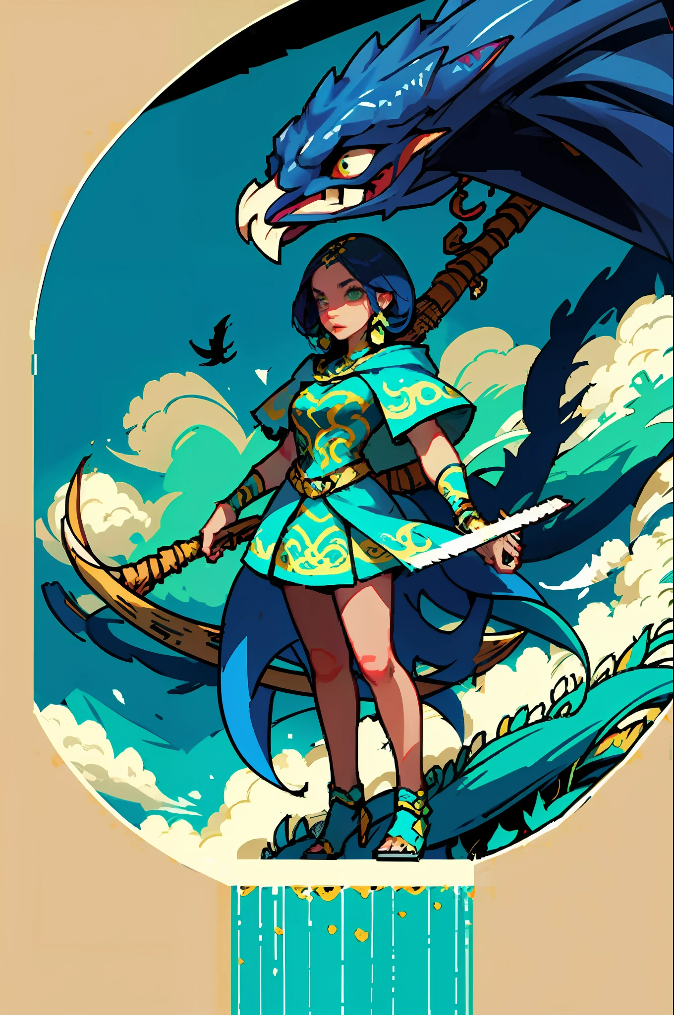 ({{masterpiece}}), {{best quality}}, pixel art, a man with the head of a taniwha, a girl holding a huia, warriors, hot and cold