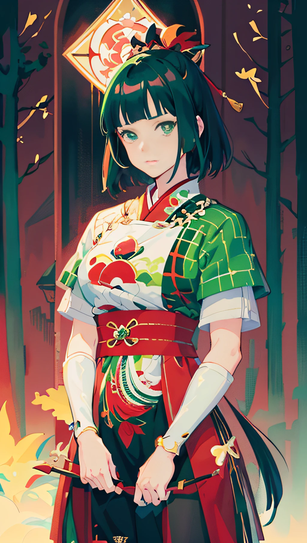 anime - style illustration of a woman in a green and red outfit, demon slayer rui fanart, official art, black - haired mage, female protagonist 👀 :8, ayaka genshin impact, highly detailed exquisite fanart, hinata hyuga, marin kitagawa fanart, digital anime illustration, harumi, anime style character, character full body portrait, anime style portrait