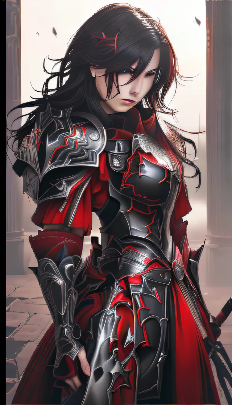 a woman in a red dress holding a sword and a sword, by Yang J, lady in red armor, Armor Girl, Red armor, Black and red armor, of a beautiful female knight, black and reddish color armor, Beautiful character painting, thick armor, Beautiful armor, author:Yang Jin, female anime character, Female knight, Stunning character art, gorgeous female paladin