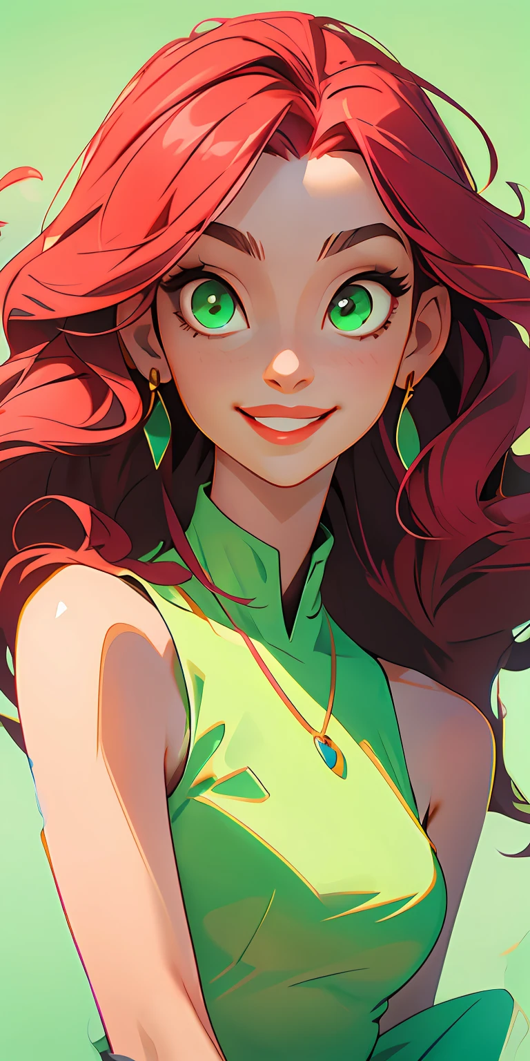 red tinted hair,Round green eyes,Lively smile,High neck sleeveless top,Delicate necklaces and earrings