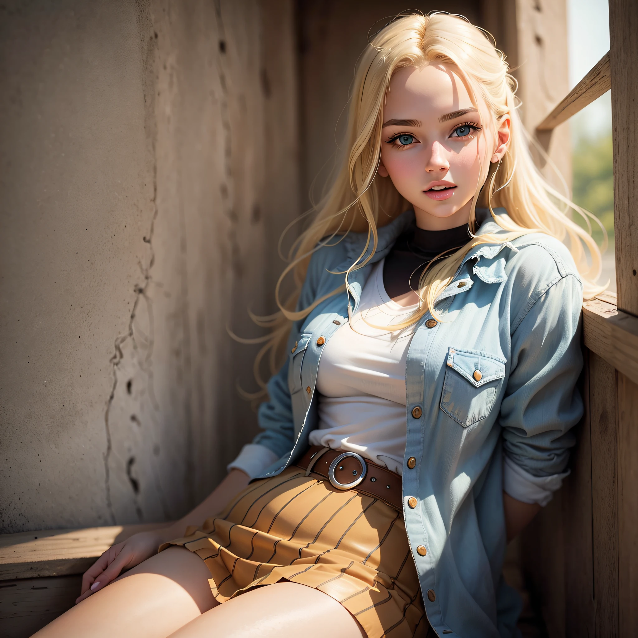 UHD, masterpiece, super detail, high details, high quality, best quality, highres, 4K, full body portrait of a young woman with a mini skirt tank top outfit, clear distinct light blue realistic eyes; sitting, Michael Garmash, Daniel F Gerhartz, strybk style, warm dreamy lighting, Roman background, volumetric lighting, pulp adventure style, fluid acrylic, dynamic gradients, bold colour, illustration, highly detailed, simple, smooth and clean vector curves, vector art, smooth, johan grenier, character design, 3d shadowing, cinematic, ornate motifs, elegant organic framing, hyperrealism, posterized, masterpiece collection, bright lush colours, penumbra, wet gouache