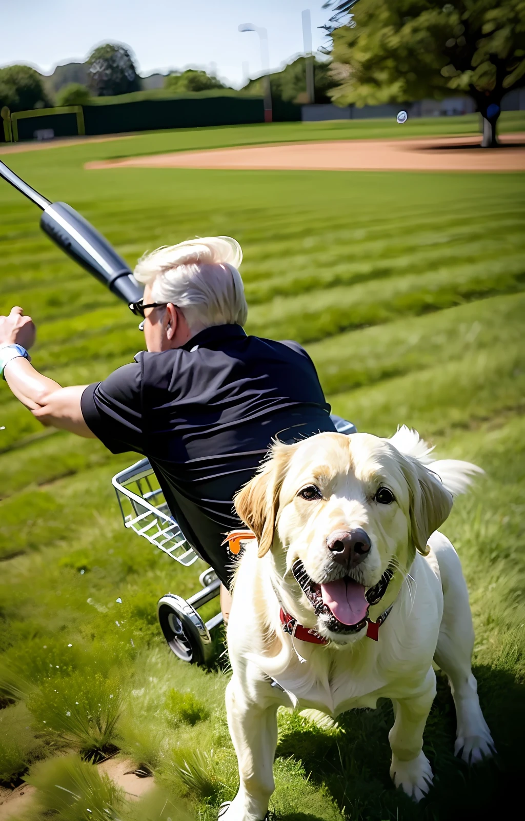 A golden retriever drives a cart made of gray cups on the veins of green leaves,In the rear, there is a US President Trump with a baseball bat in his hand chasing him(background is,The top half of a large tree)