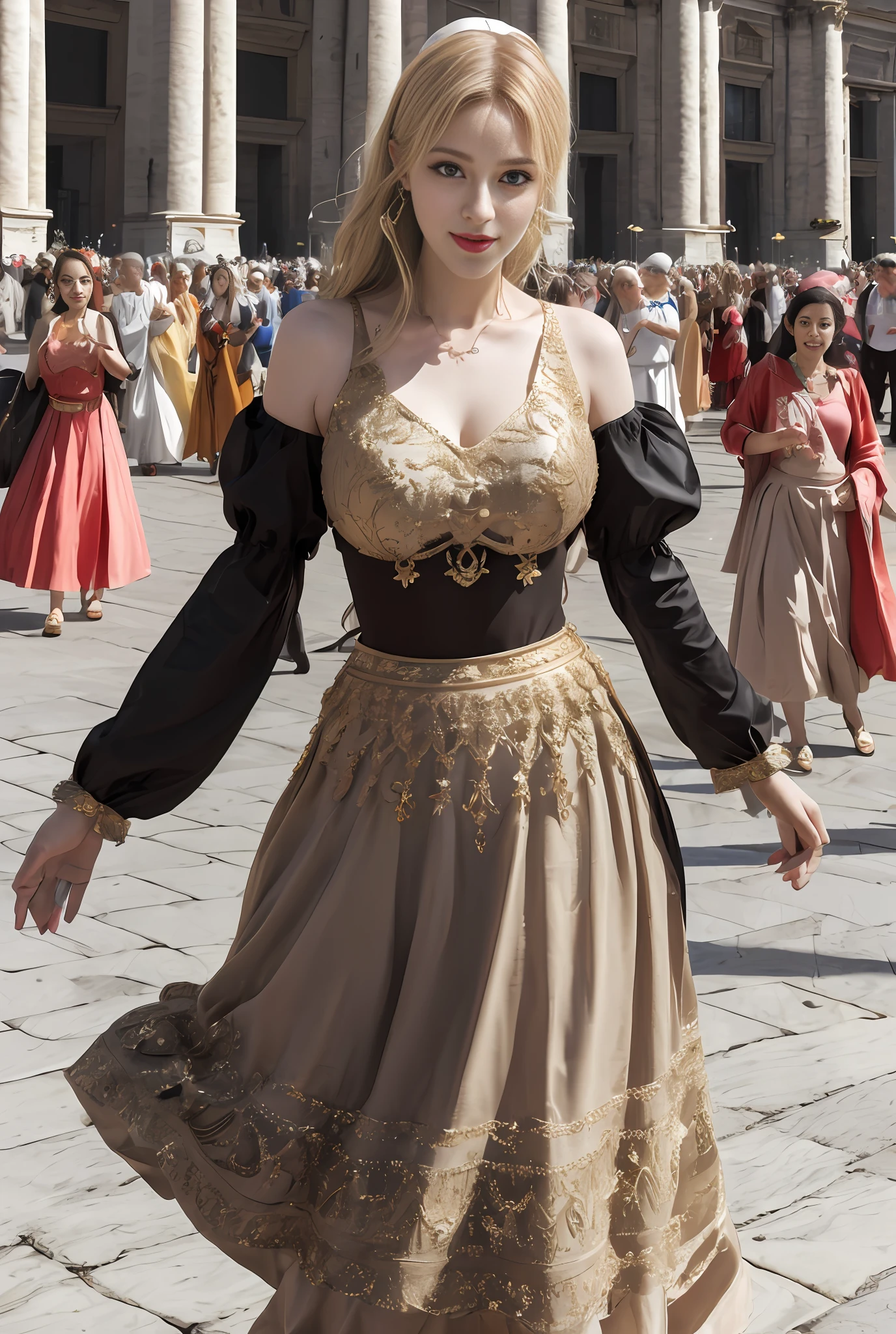 (巨作, Best quality, Realistic),
1girl big breasts,(on the St. Peter's Square of Vatican,crowd), sankta. Peter's Square of Vatican background, gypsy dress, Dancing, Elaborate dress, Gold,banquet, crowd, picking up skirt,Pale skin,
[Slight smile],
