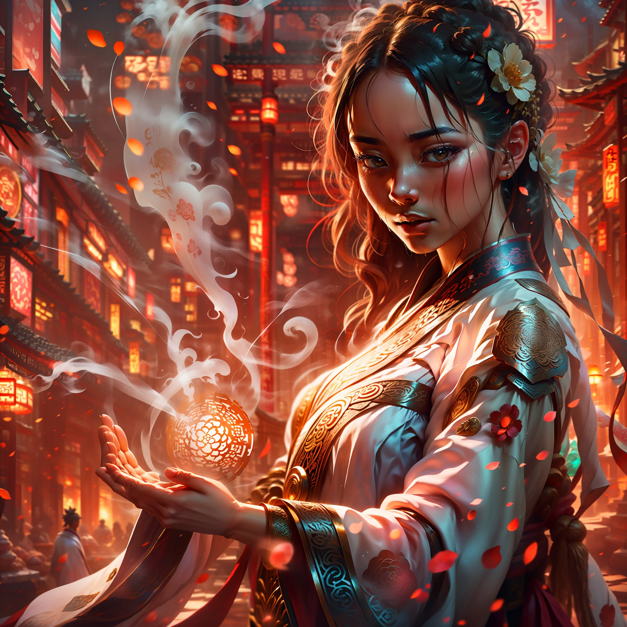 zhongfenghua, 1girl, solo, hanfu, ancient_chinese_architecture, flower field, blossom, (white smoke:1.3) (photorealistic:1.4), zentangle, mandala, entangle, official art, unity 8k wallpaper, ultra detailed, beautiful and aesthetic, masterpiece,best quality, (dynamic angle:1.4), glowing skin, (floating colorful sparkles:1) the most beautiful form of chaos, elegant, a brutalist designed, vivid colours, romanticism depth of field exotic_dance