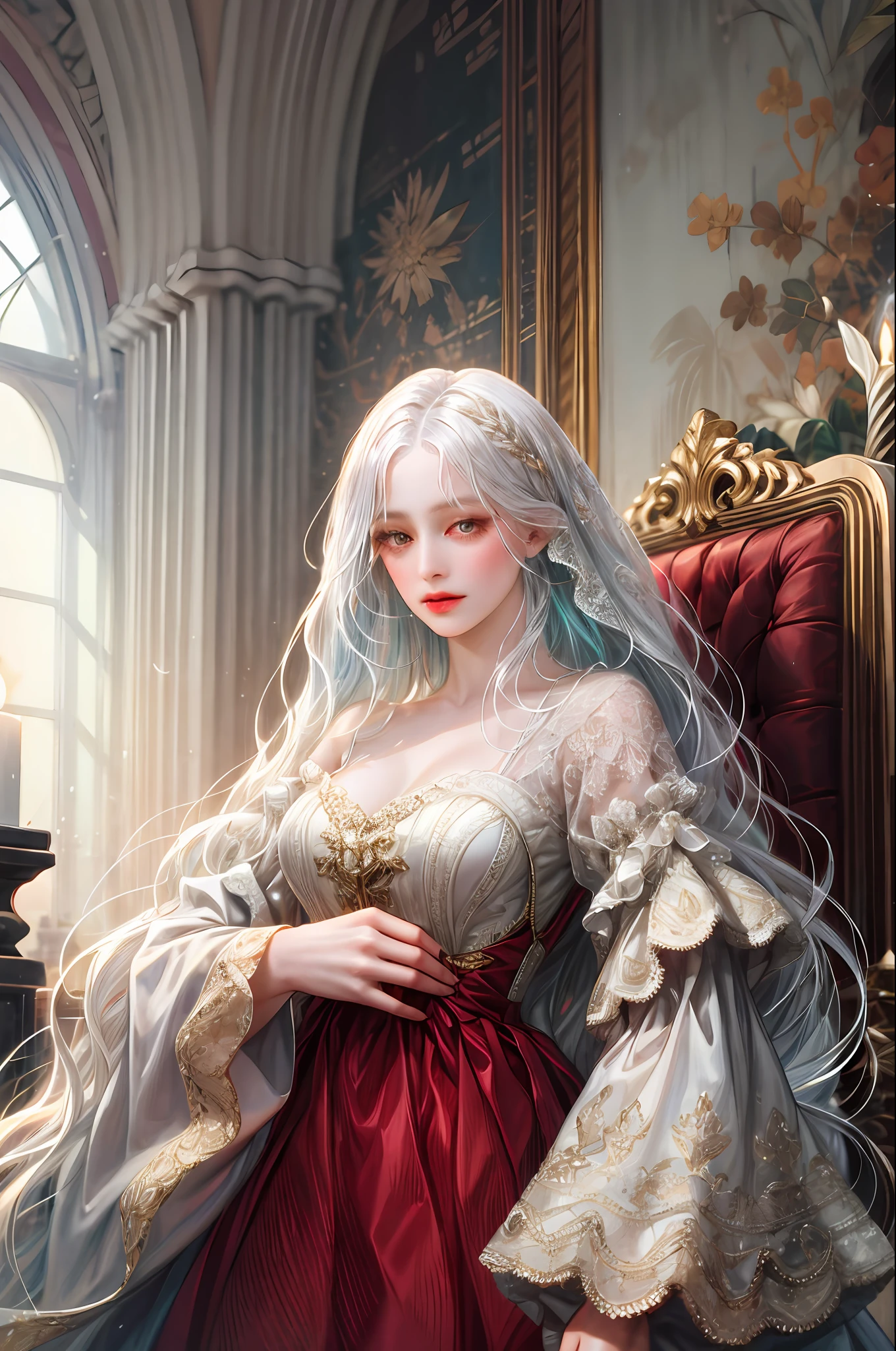 (absurdres, highres, ultra detailed), 1girl, solo, mature, (very long hair, white hair), Baroque, long dress, long sleeve, elegant, colorful, highest detailed, upper body