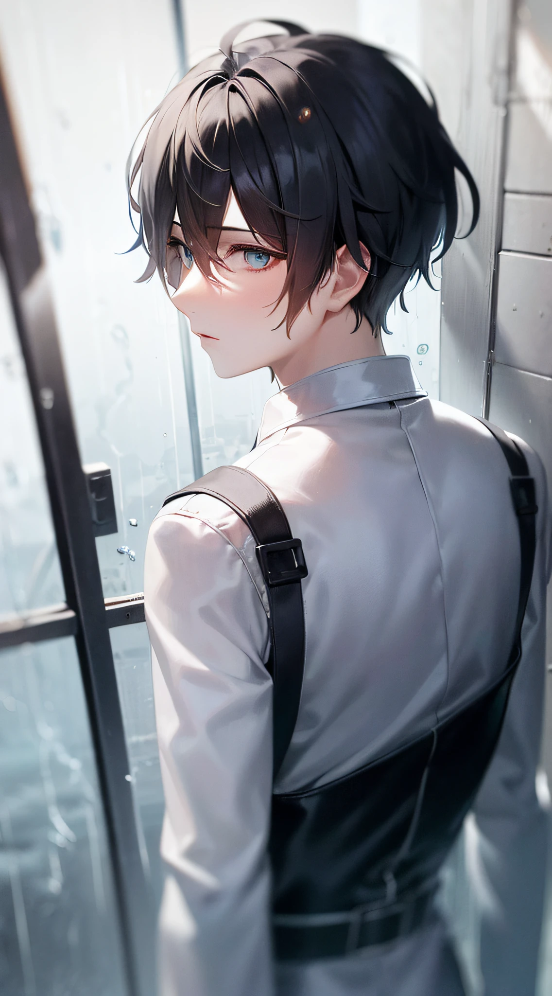 ((a male:1.2)), ((a boy:1.2)), first-person view, upper body, cold light, blue_eyes, (mullet:1.2), hair_between_eyes, (hair pulled back:1.2), (Zaffre eyes color:1.1), (next to a cool robot:1.2), (white raincoat:1.3), cute robot pattern, looking_at_viewer, male_focus, short_hair, (tunnels in abandoned industrial areas.:1.2), (underwater caves:1.2), rain, wet hair, styled with a captivating hairdo, accentuated with bangs and hair between eyes, highlighting his distinctive and stylish black and short hair, this dynamic composition expertly showcases his strong male focus, in a manner that captivates and intrigues viewers