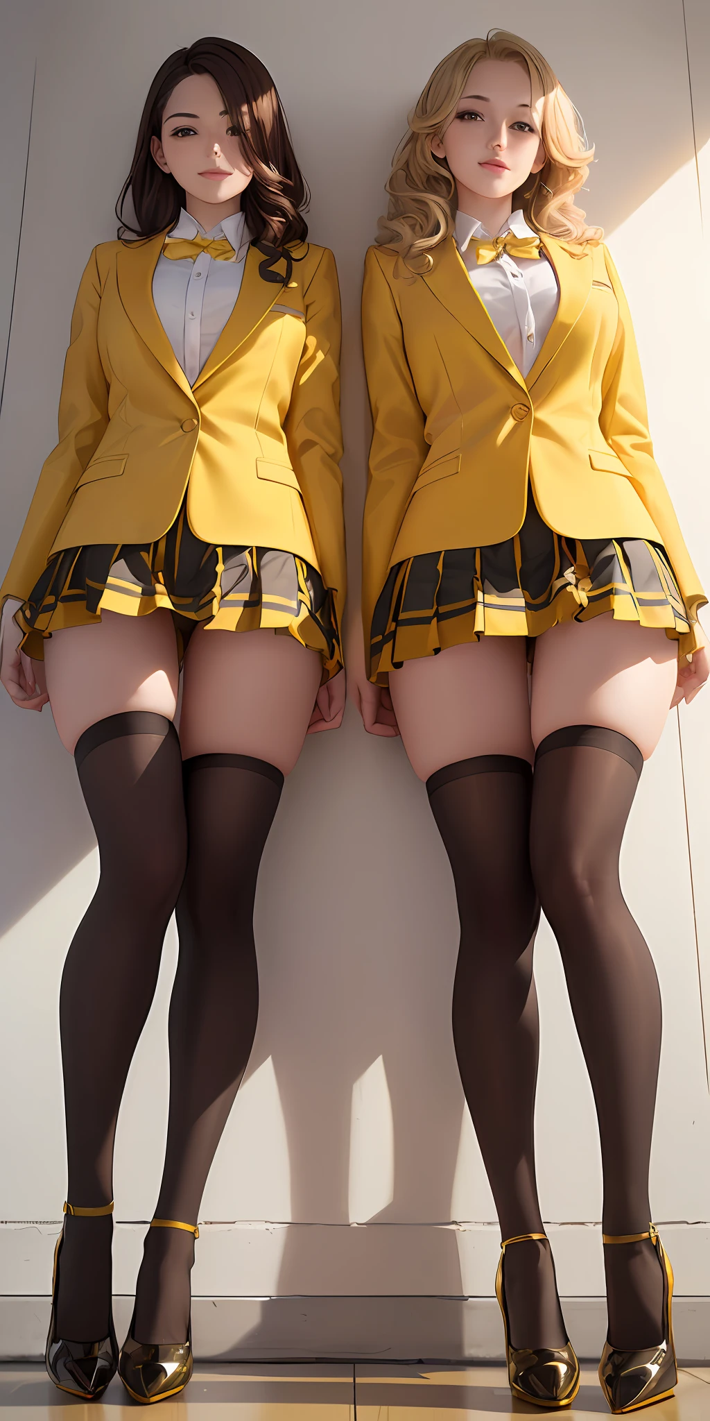 ((Masterpiece, highres)), 2girls, duo, twins, ((one brown haired girl, one blonde girl)), long hair, curly hair, matching hairstyles, different hair color, confident, elegant, proud smiles, (((matching outfits, identical outfits, yellow school uniforms, sexy school uniforms, yellow blazer, yellow short skirt, white thighhighs, black high heels)))