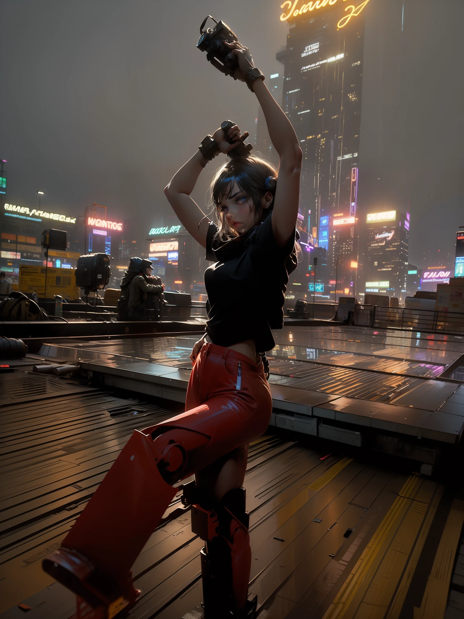 Right leg raised，The right hand lifts the void and opens，Hold a DSLR camera in your left hand，Head up，eyes looking at camera，The back building has a lot of neon lights，The sky is illuminated in a variety of colors，Standing on the roof，pretty cool，Cold，Sharp eyes