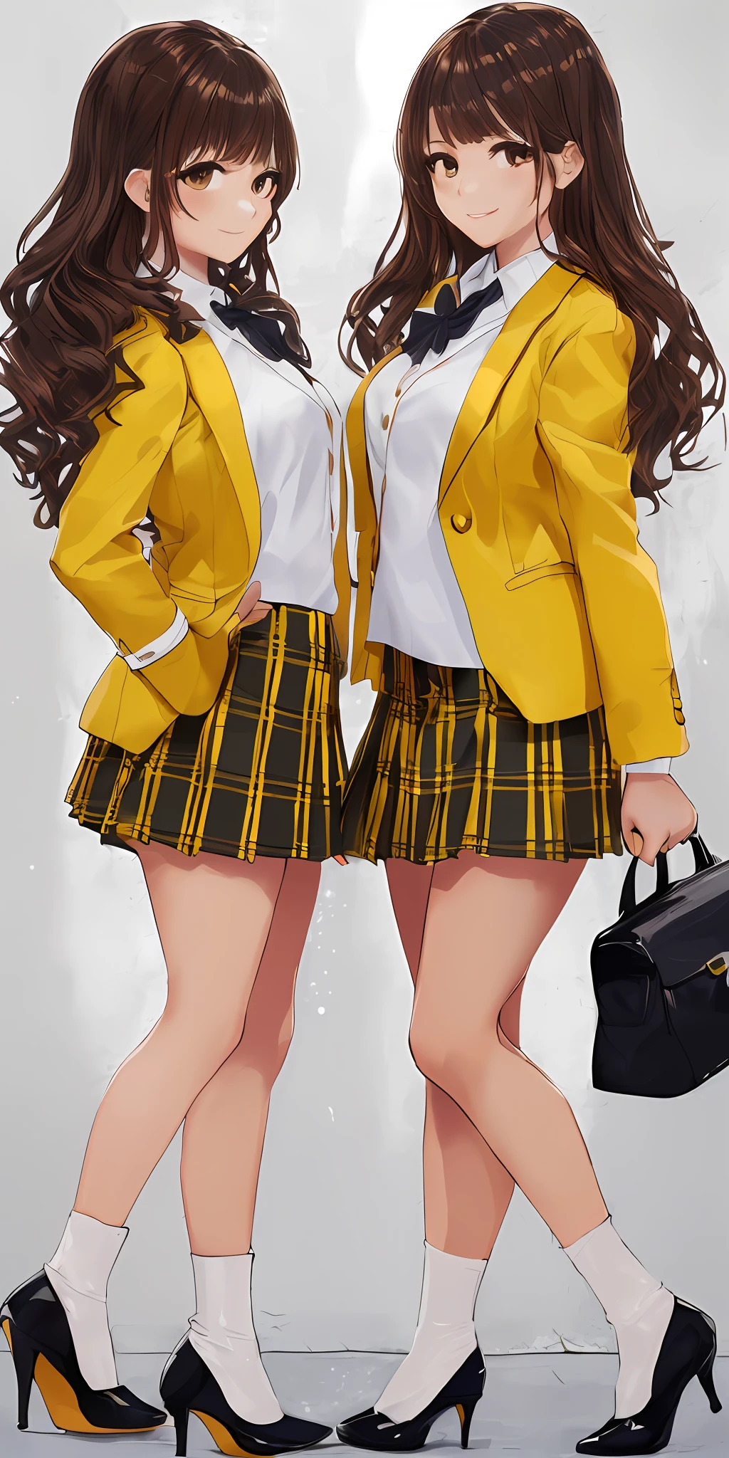 ((Masterpiece, highres)), 2girls, duo, twins, ((one brown haired girl, one blonde girl)), long hair, curly hair, matching hairstyles, different hair color, confident, elegant, proud smiles, (((matching outfits, identical outfits, yellow school uniforms, sexy school uniforms, yellow blazer, yellow short skirt, white thighhighs, black high heels)))