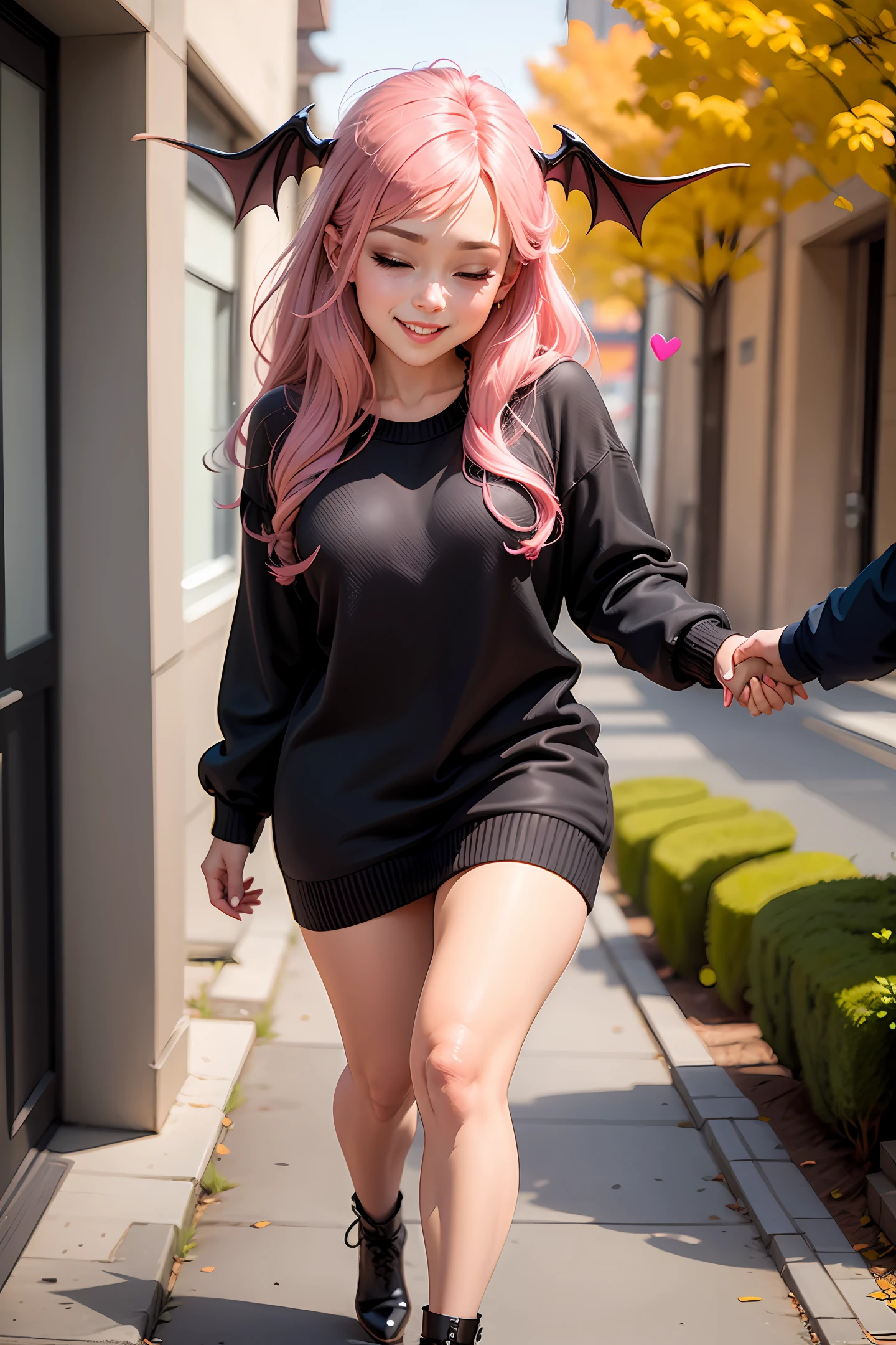 Black stockings,, succubus, pink hair, red eyeshadow, heart-shaped eyes, one eye closed, seductive smile, excitement, holding hands, best quality, masterpiece, outdoor, sweater dress, korean woman, full body photo, fan face, double eyelids, smart peach blossom eyes, pink lips, small upturned nose, ultra hd, super detail, slightly fat, cute little face, biting lips