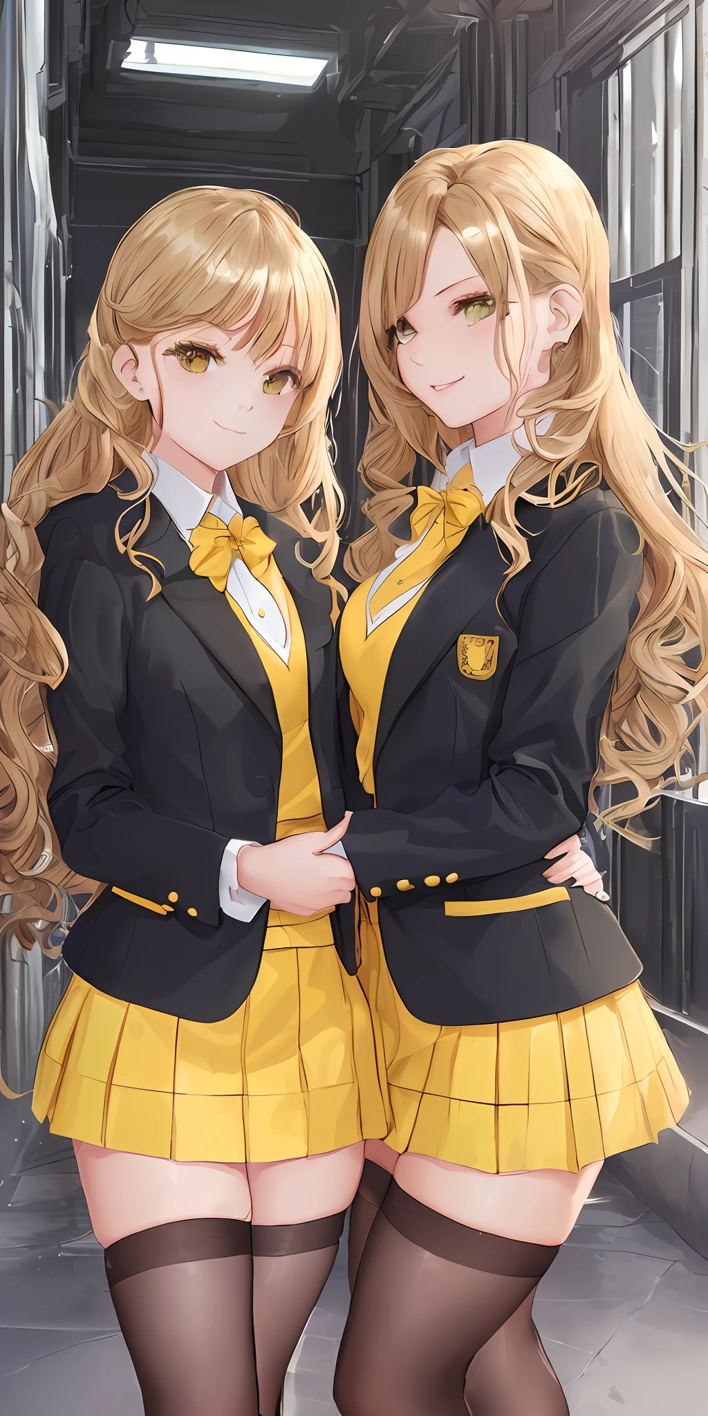 ((Masterpiece, highres)), 2girls, duo, twins, ((one brown haired girl, one blonde girl)), long hair, curly hair, matching hairstyles, different hair color, confident, elegant, proud smiles, (((matching outfits, identical outfits, yellow school uniforms, sexy school uniforms, yellow blazer, yellow short skirt, white thighhighs, black high heels)))