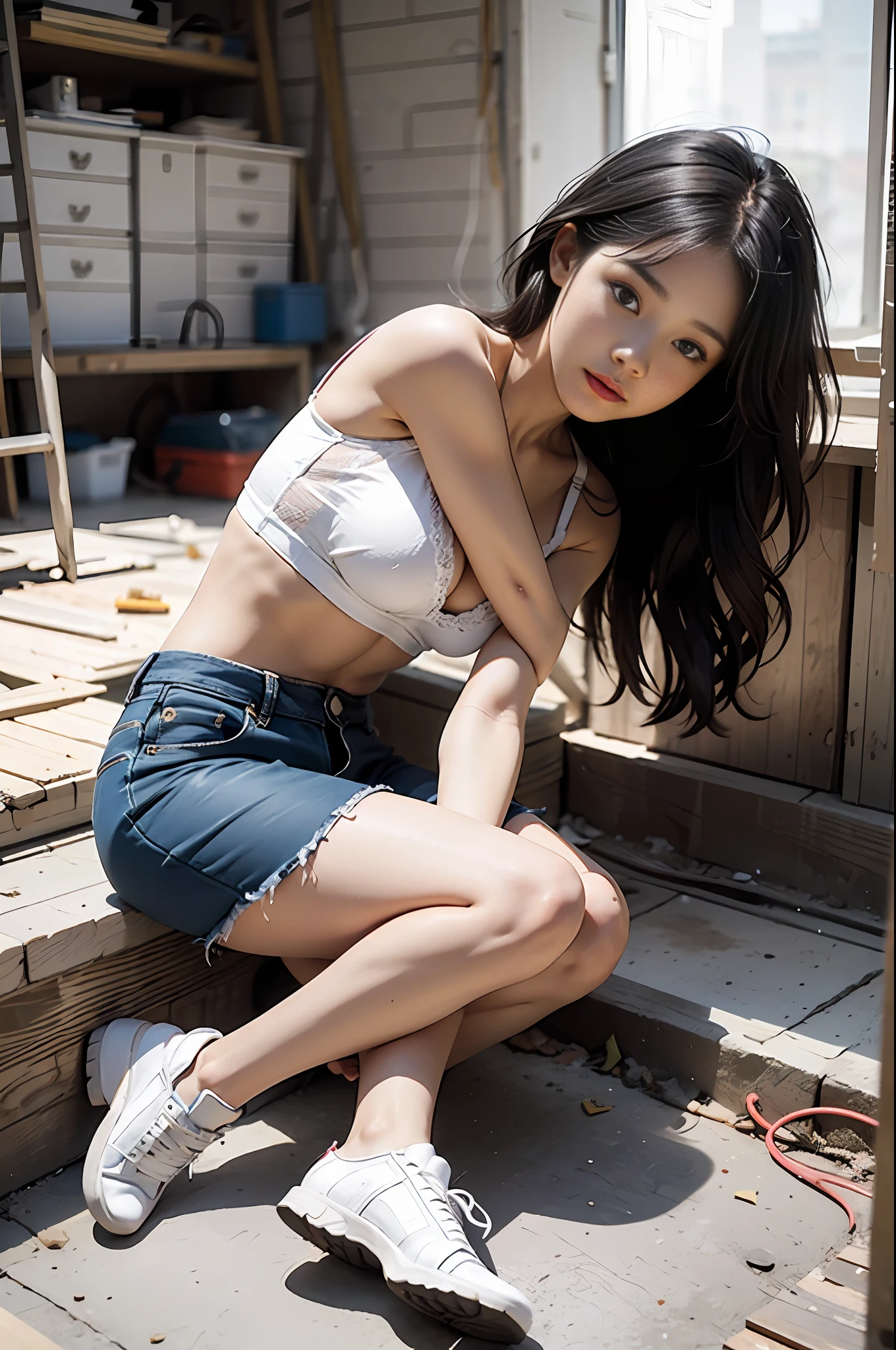 Girl in white bra and tight denim skirt posing for photo, full body, legs spread, with cut T-shirt, bra, slim body, smaller bust, slim girl model, 24-year-old female model, lying on the construction site, a group of black men onlooking