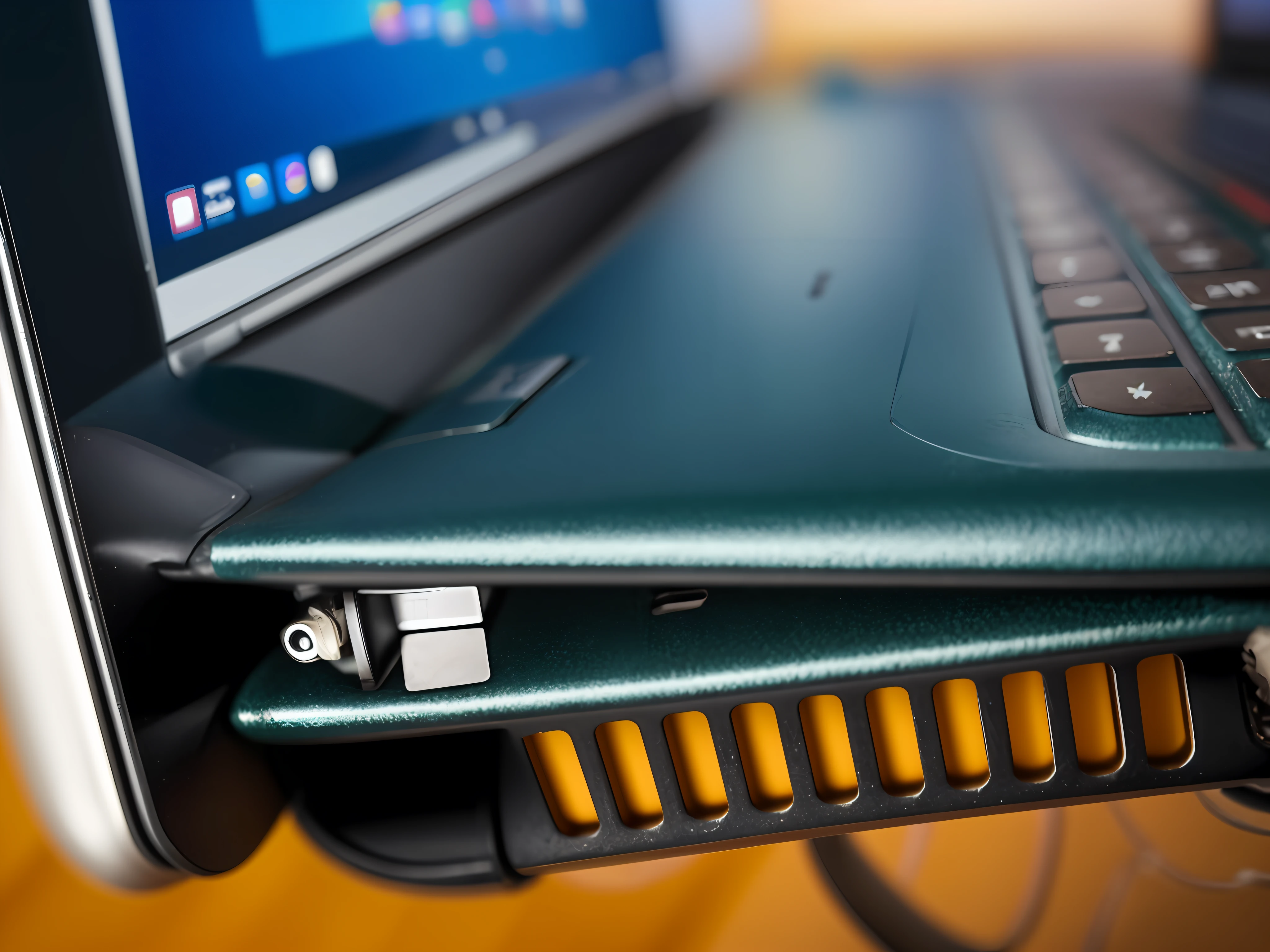 There is a portable computer that is connected to a charger, bottom angle, Broken laptop screen, imagem de Webcam danificada, profile close-up view, Vista lateral centralizada, mid closeup, tiro de close-up, close up tiro do lado, close up angle, Foto O Closeup, Frente cheia, cintura - tiro, muito perto - tiro acima, laptop, up-angle view, nitidamente detalhado