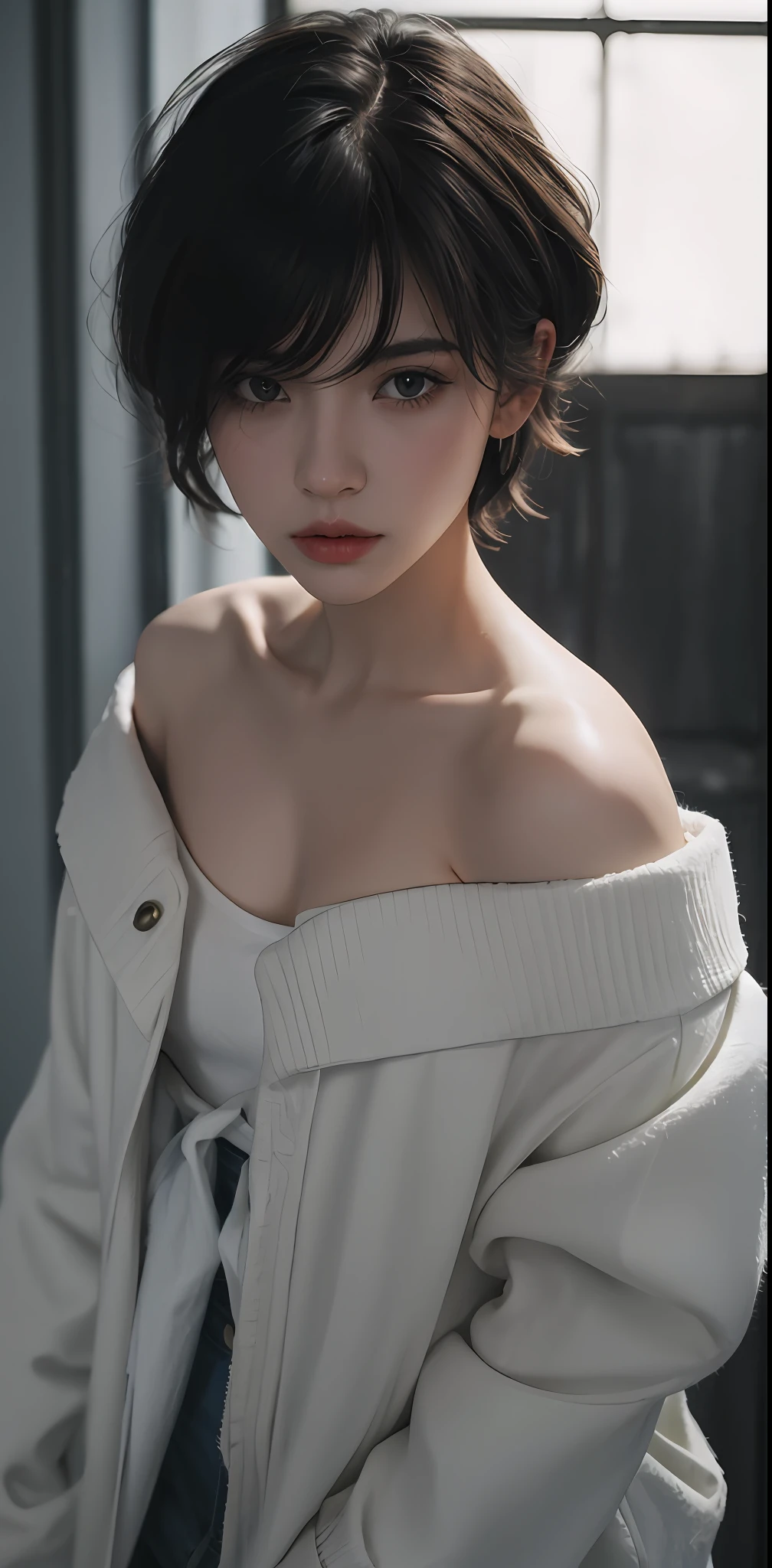 Best quality, masterpiece, ultra high res, (photorealistic:1.5), raw photo, 1girl, offshoulder, in the dark, deep shadow, low key, cold light, sexy look, short hair