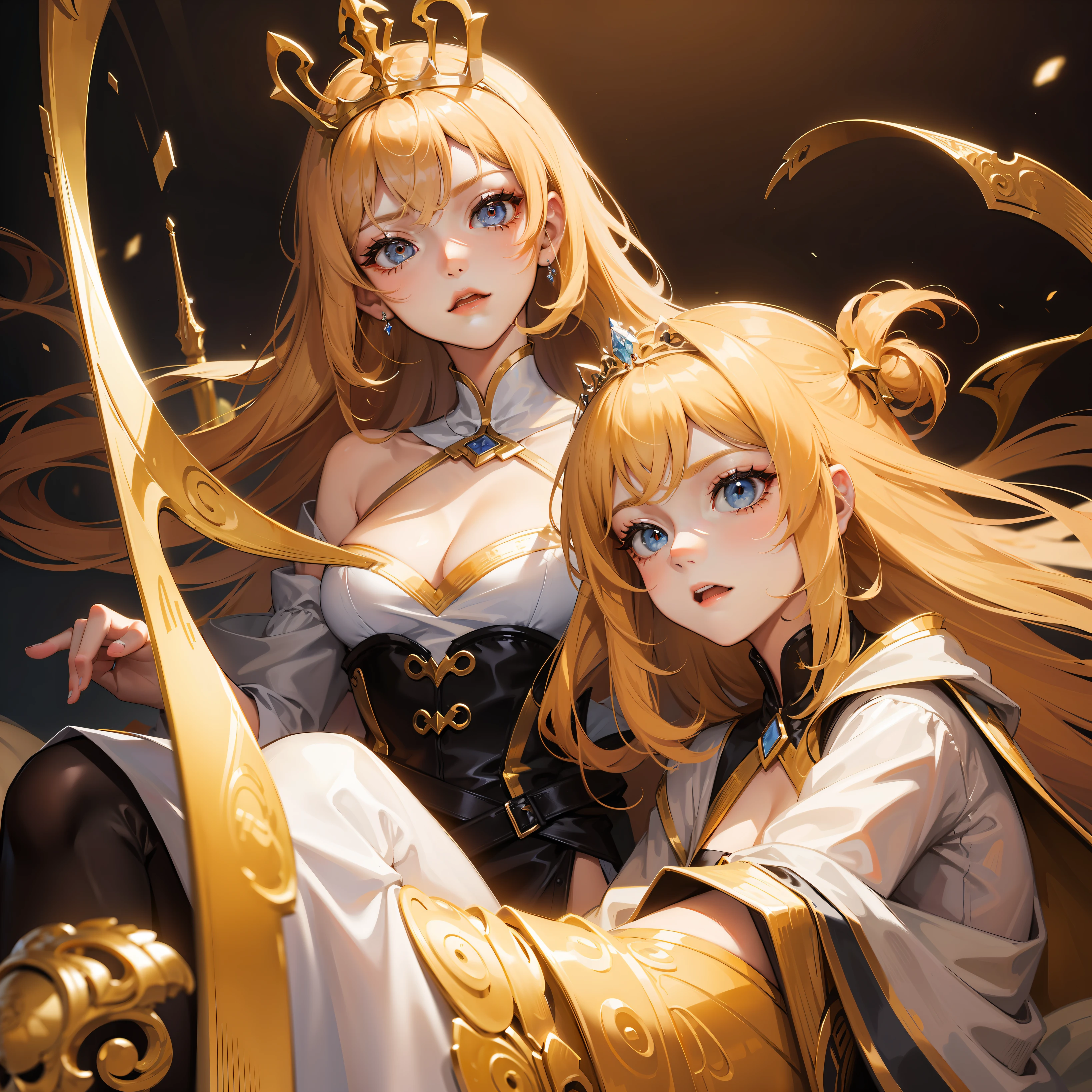 With long blonde hair,tiara crown,Perspective,Indifference and contempt,The expression is indifferent。