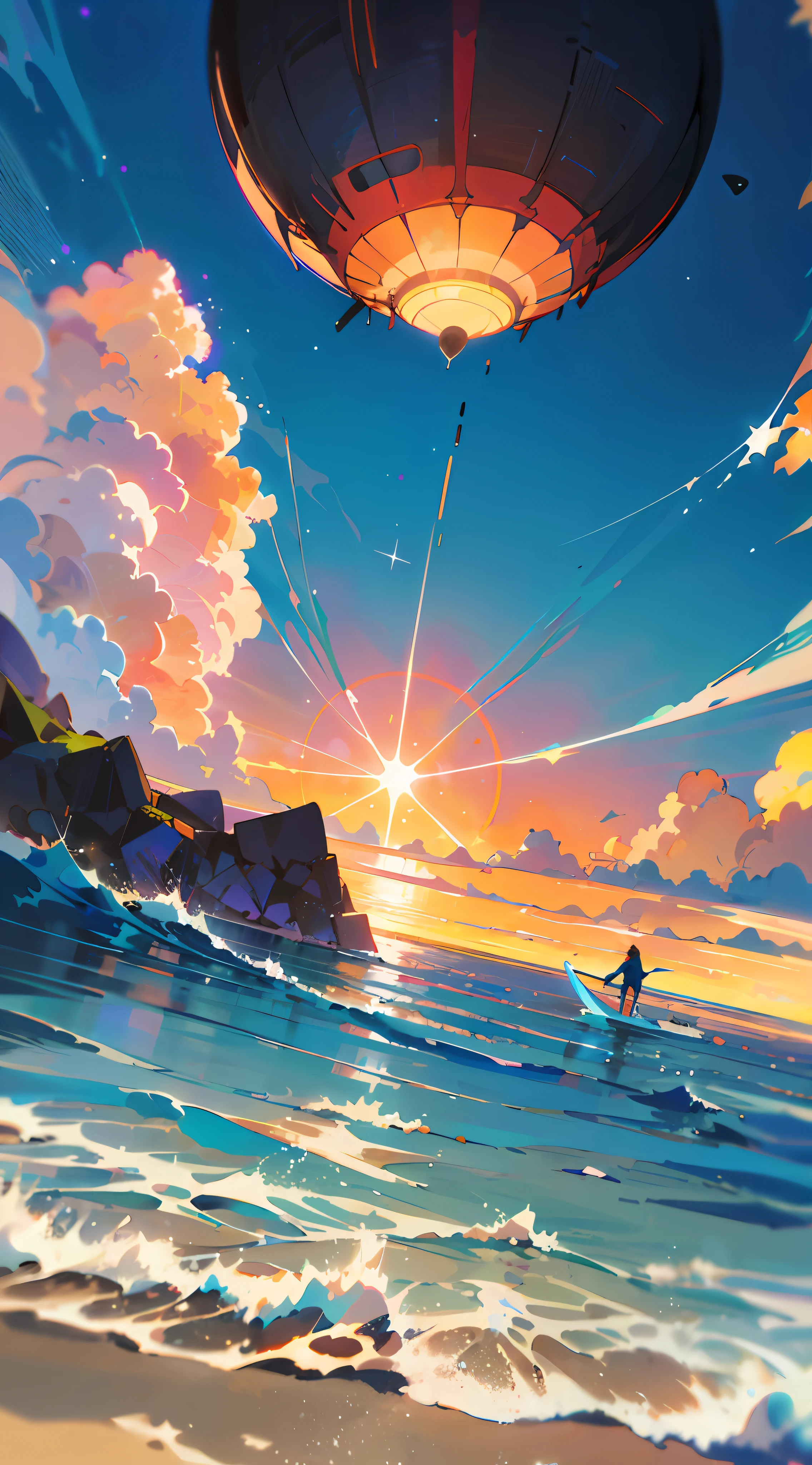 Anime scene of a girl on an ocean surfboard, Makoto Shinkai Cyril Rolando, cyril rolando and goro fujita, Cosmos Sky. By Makoto Shinkai, Blue sea. By Makoto Shinkai, ( ( Makoto Shinkai ) ), Makoto Shinkai's style, Inspired by Cyril Rolando, Makoto Shinkai!