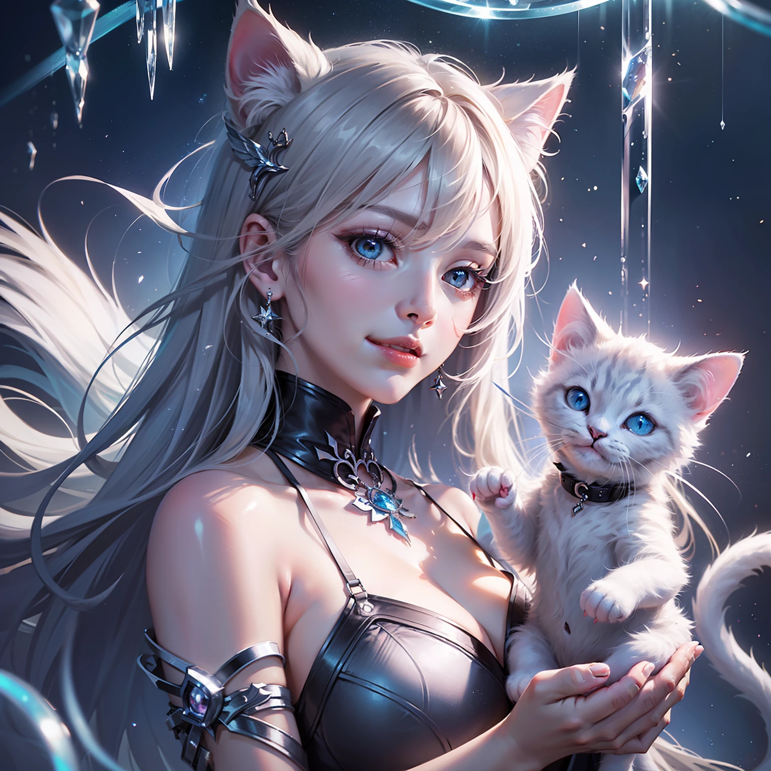 (Beautiful and high-definition CG Unity 8k wallpapers、masutepiece、Best quality、Floating softly),(Ice Temple、blue lights、depth of fields、White Kitten and Beauty Demon、Female demon staring at cat,Reaching out),(looking happy smile、wide-shot)