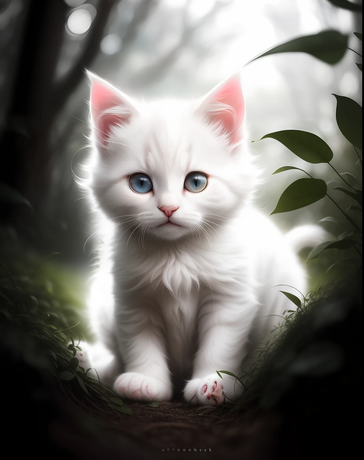 Close-up photo of white fluffy kitten，ln the forest，haze，Halo，blooms，Dramatic atmosphere，at centre，thirds rule，200 mm 1.4F macro shooting，（Natural skin texture，ultrarealism，softlighting，sharp：1.2），（complexdetails：1.12 ), hdr,（Complicated details，ultra detali：1.15），The art of Greg Rutkowski and Artgerm，Soft cinematic light，Adobe Lightroom，photolab，hdr，Complex，very detailed of fields：1.4），White fluffy kitten！！！