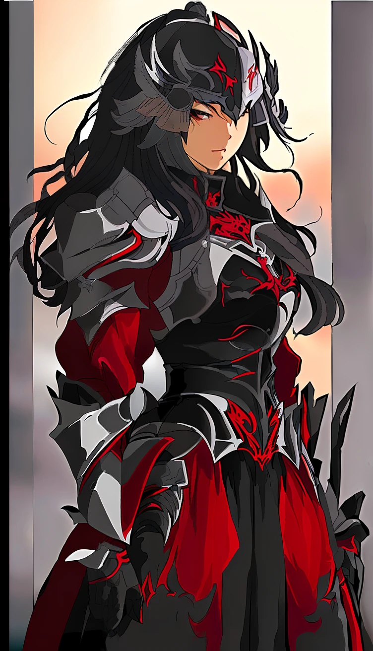 a woman in a red dress holding a sword and a sword, by Yang J, lady in red armor, Armor Girl, Red armor, Black and red armor, of a beautiful female knight, black and reddish color armor, Beautiful character painting, thick armor, Beautiful armor, author:Yang Jin, female anime character, Female knight, Stunning character art, gorgeous female paladin