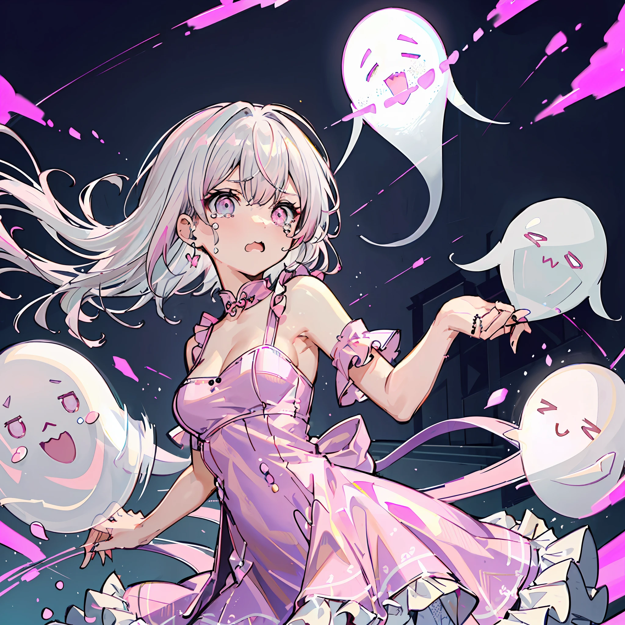 absurderes, hight resolution, (Anime style:1.1),
((masutepiece)), ((Best quality)), (Ultra-detailed), ((Extremely detailed)), (Beautiful),
((Kawaii Girl)), (Lori:1.7), (独奏:1.7), Beautiful Face, Cute face, Scary face、(The ghost of a woman with white hair showing through her lower body:1.6)、The ghost of a woman is angry、Red eyes with girl turning up and crying with fear in her face, (Beautiful detailed eyes:1.3), shiny very short light pink hair、Floating hair,Slender girl, (medium breasts:1.6)、BREAK、((Cute and subtle pink dress:1.6)) ,low angles, Romper、high quality background, Ruined room of a private house in the middle of the night、Full of junk、