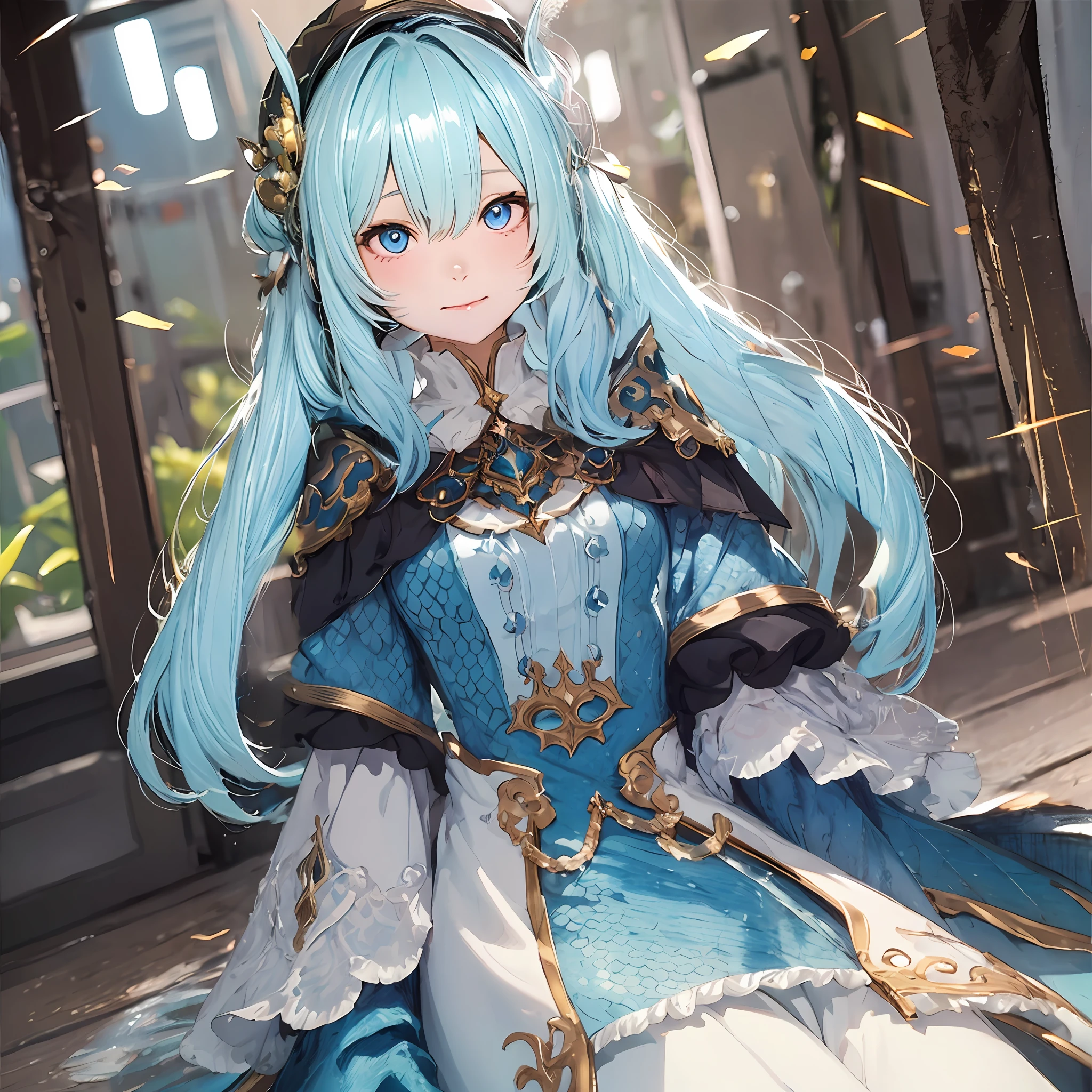 masterpiece, best quality, 1girl, child, loli, female focus, solo, light blue hair, blue eyes, looking at viewer, closed mouth, Fantasy aesthetics, Highly detailed, shadowverse style, mermaid white attire