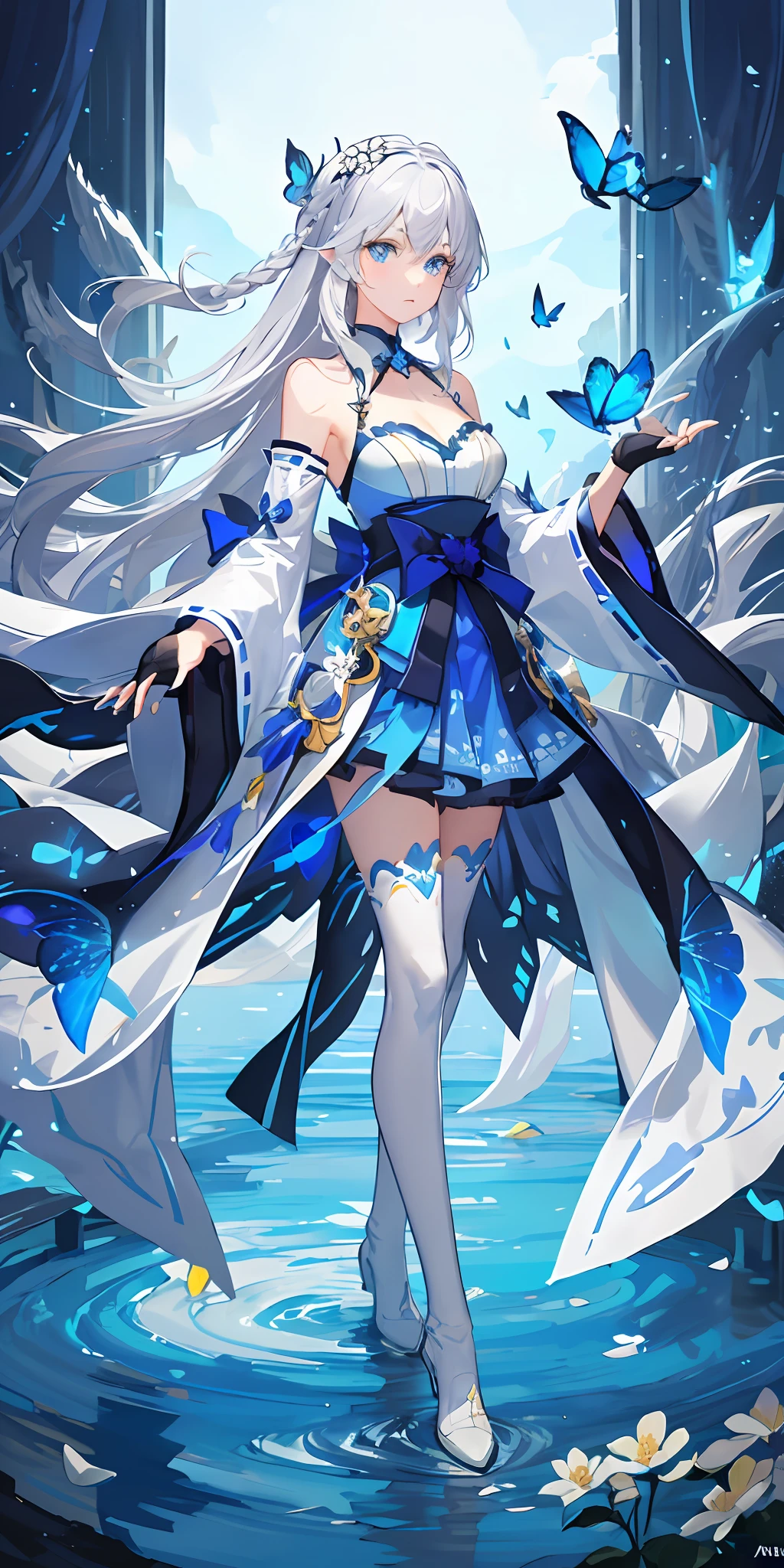 (Overhead view),dynamic angle,ultra-detailed, illustration, close-up, straight on, 1girl, (fantasy:1.4), (azure blue eyes:1.233),Her eyes shone like dreamy stars,(glowing eyes:1.233),(beautiful and detailed eyes:1.1),(Silver hair:1.14),(messy hair,very long hair,french braid,hair between eyes,sidelocks), (+(bule hair flower:1.14)),(chiffon dress,bule flower pattern in uniform)/=(military uniform:1.24),(detached sleeves,wide sleeves),(fingerless gloves),choker,(miko thighhighs),High heeled boots,(expressionless,closed mouth),(standing), (classical Princess boudoir with dressing tableand french windowin a white ancient palaces),(white flowers,bloom),(abysmal sea),(flowing water),(a dull blue world tree:1.14),(ruins),(night:1.2),dreamy,soul,(fluorescence),(flying translucent blue butterflies:1.15), [[delicate fingers and hands:0.55]::0.85],(detail fingers),(yubao:0.5),