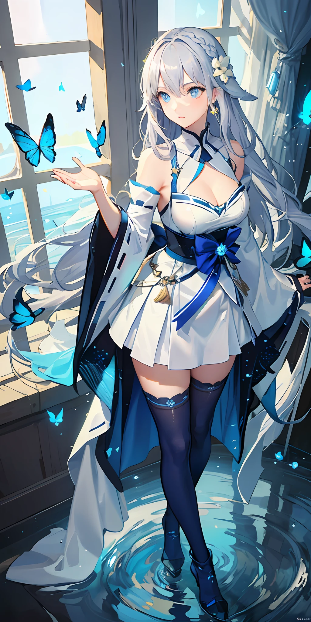 (Overhead view),dynamic angle,ultra-detailed, illustration, close-up, straight on, 1girl, (fantasy:1.4), (azure blue eyes:1.233),Her eyes shone like dreamy stars,(glowing eyes:1.233),(beautiful and detailed eyes:1.1),(Silver hair:1.14),(messy hair,very long hair,french braid,hair between eyes,sidelocks), (+(bule hair flower:1.14)),(chiffon dress,bule flower pattern in uniform)/=(military uniform:1.24),(detached sleeves,wide sleeves),(fingerless gloves),choker,(miko thighhighs),High heeled boots,(expressionless,closed mouth),(standing), (classical Princess boudoir with dressing tableand french windowin a white ancient palaces),(white flowers,bloom),(abysmal sea),(flowing water),(a dull blue world tree:1.14),(ruins),(night:1.2),dreamy,soul,(fluorescence),(flying translucent blue butterflies:1.15), [[delicate fingers and hands:0.55]::0.85],(detail fingers),(yubao:0.5),