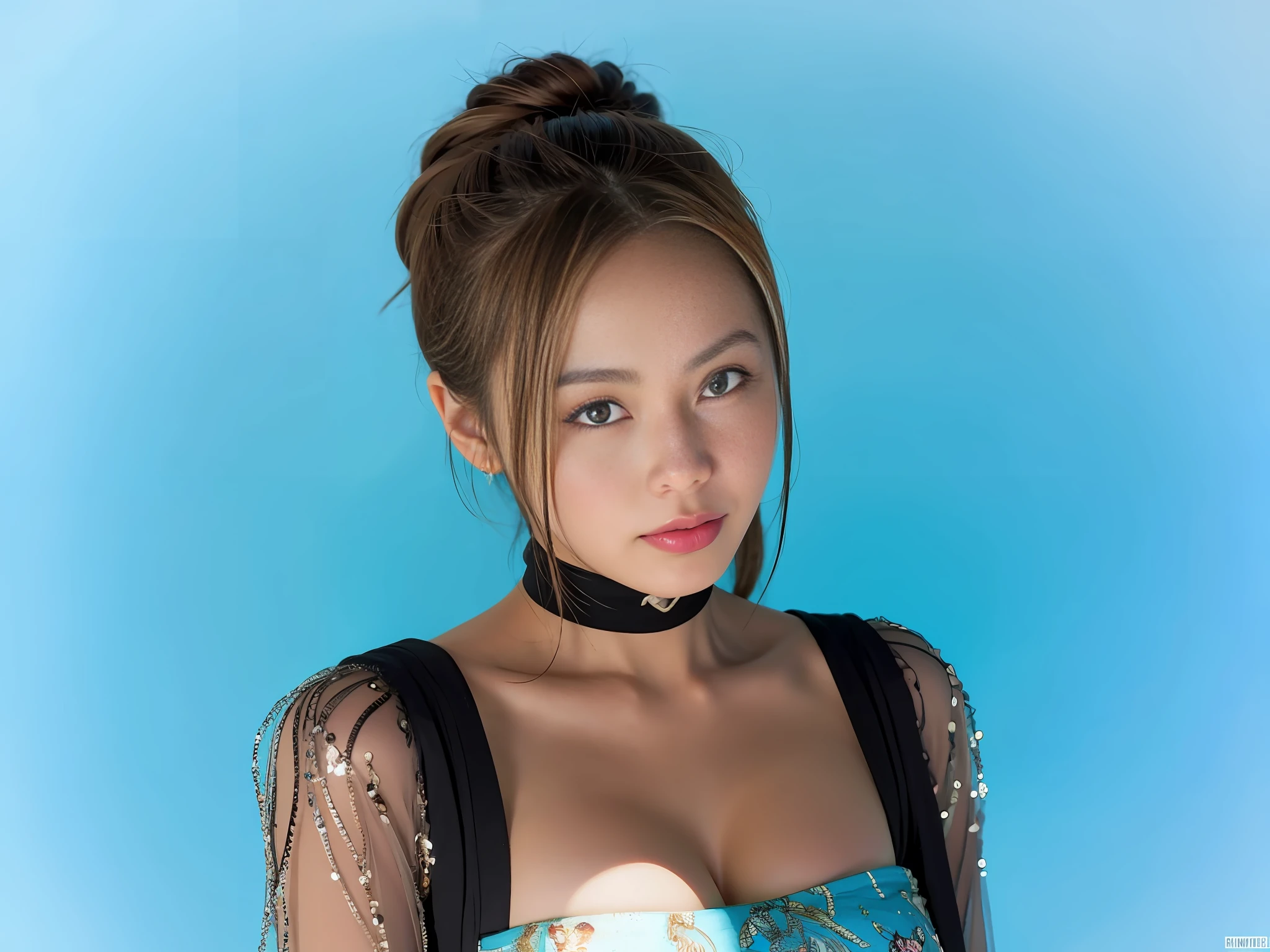 (8K),tmasterpiece,best qarity,extremely highly detailed,Cinematography,A woman in a light blue dress in the middle of the picture,((The breasts are extremely full)),((The nipple marks on the clothes on the chest are very prominent)),beautiy Japanese woman,Dinamic Light