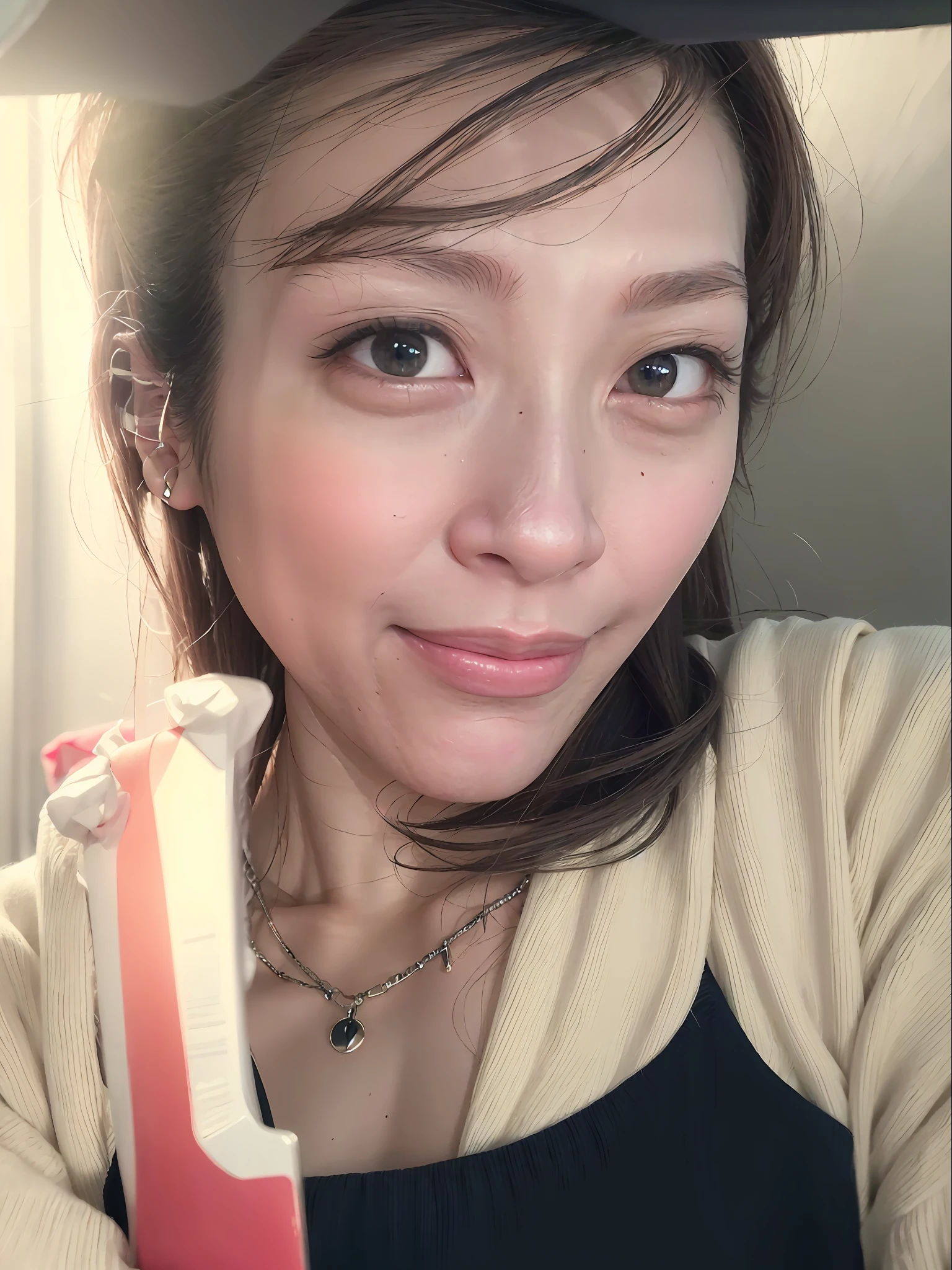 there is a woman that is taking a selfie with her cell phone, Narrow Nose, 38 years old, 2 , with small nose, Korean symmetrical face, 2 9 years old old, 2 8 years year - old, so narrow chin, 30 year-old woman, 3 0 years old woman