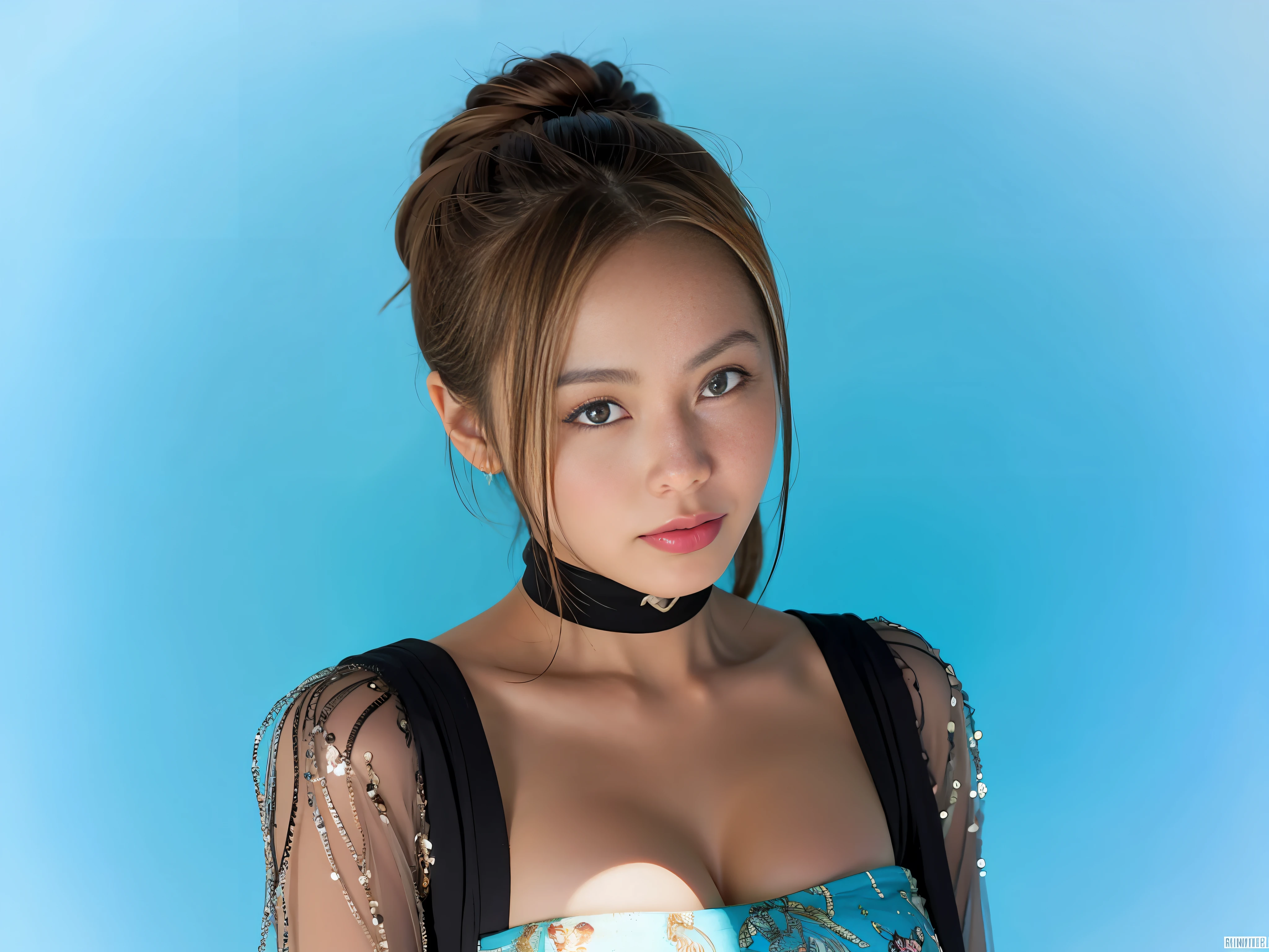 (8K),tmasterpiece,best qarity,extremely highly detailed,Cinematography,A woman in a light blue dress in the middle of the picture,((The breasts are extremely full)),((The nipple marks on the clothes on the chest are very prominent)),beautiy Japanese woman,Dinamic Light