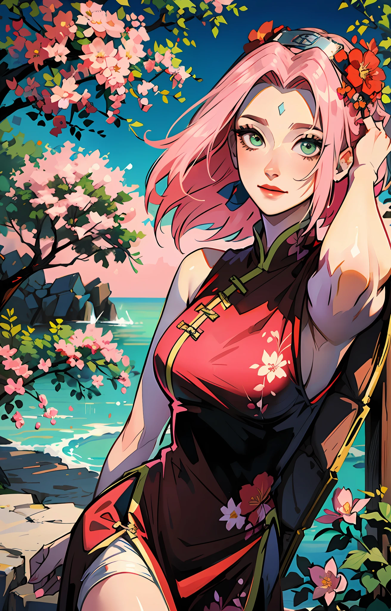 Obra-prima, melhor qualidade, dia, ao ar livre, em um lago, celebrando, 1 mulher, solo, mulher madura, madura, Chinese Style, China antiga, Sister, royal sister, feliz, sorrindo, prata branca mulher de cabelos curtos , olhos azuis cinzentos, cabelo algemado, franja, pink peach flower on head, light pink lips, roupa vermelha, cabelo rosa, corpo inteiro, magra, bonita, delicada, uma fita vermelha no cabelo, corpo inteiro