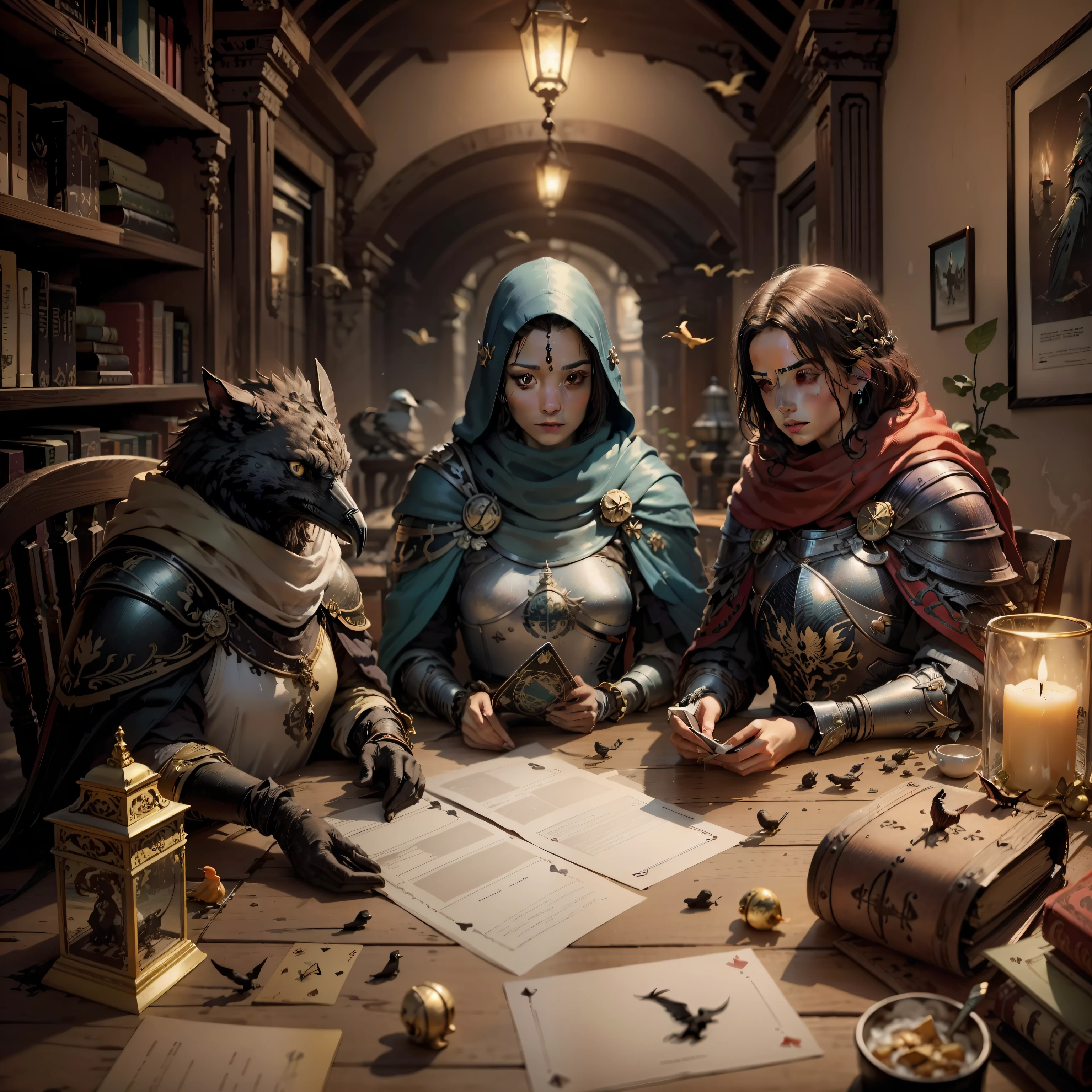(melhor qualidade, obra-prima), detalhes ultra-realistas, image in CG wallpaper with 8K resolution, Three crows with cards in their paws coming for a magic knight,  cartas do tarot.