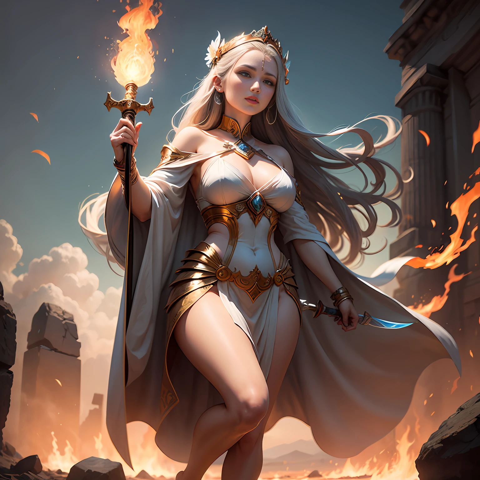tmasterpiece,超高分辨率,A goddess of war with a long sword in her hand, Swing your sword vigorously on the rock,The sword body glows and bursts into flames,Fully armed,A female warrior in combat,White robes fluttering,The body is surrounded by flames,Barefoot,Full body like,The background has a round light,Light,flames of fire,Light,raiden,Ancient Greek idols style,deusa Atena,Goddess of battle,Goddess of beauty,Perfect body structure。The background is sky and clouds, flames of fire,Thomas Blackhill,Greek goddess Athena, j c leyendecker 8 k,portrait of celtic goddess diana, venus godness athena, --auto