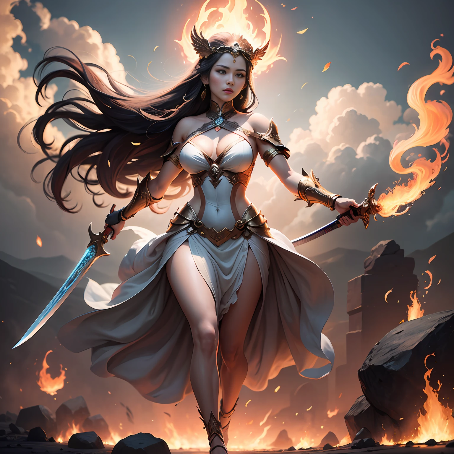 tmasterpiece，超高分辨率，A goddess of war with a long sword in her hand， Swing your sword vigorously on the rock，The sword body glows and bursts into flames，Fully armed，A female warrior in combat，White robes fluttering，The body is surrounded by flames，Barefoot，Full body like，The background has a round light，Light，flames of fire，Light，raiden，Ancient Greek idols style，deusa Atena，Goddess of battle，Goddess of beauty，Perfect body structure。The background is sky and clouds, flames of fire，Thomas Blackhill,Greek goddess Athena, j c leyendecker 8 k,portrait of celtic goddess diana, venus godness athena, --auto