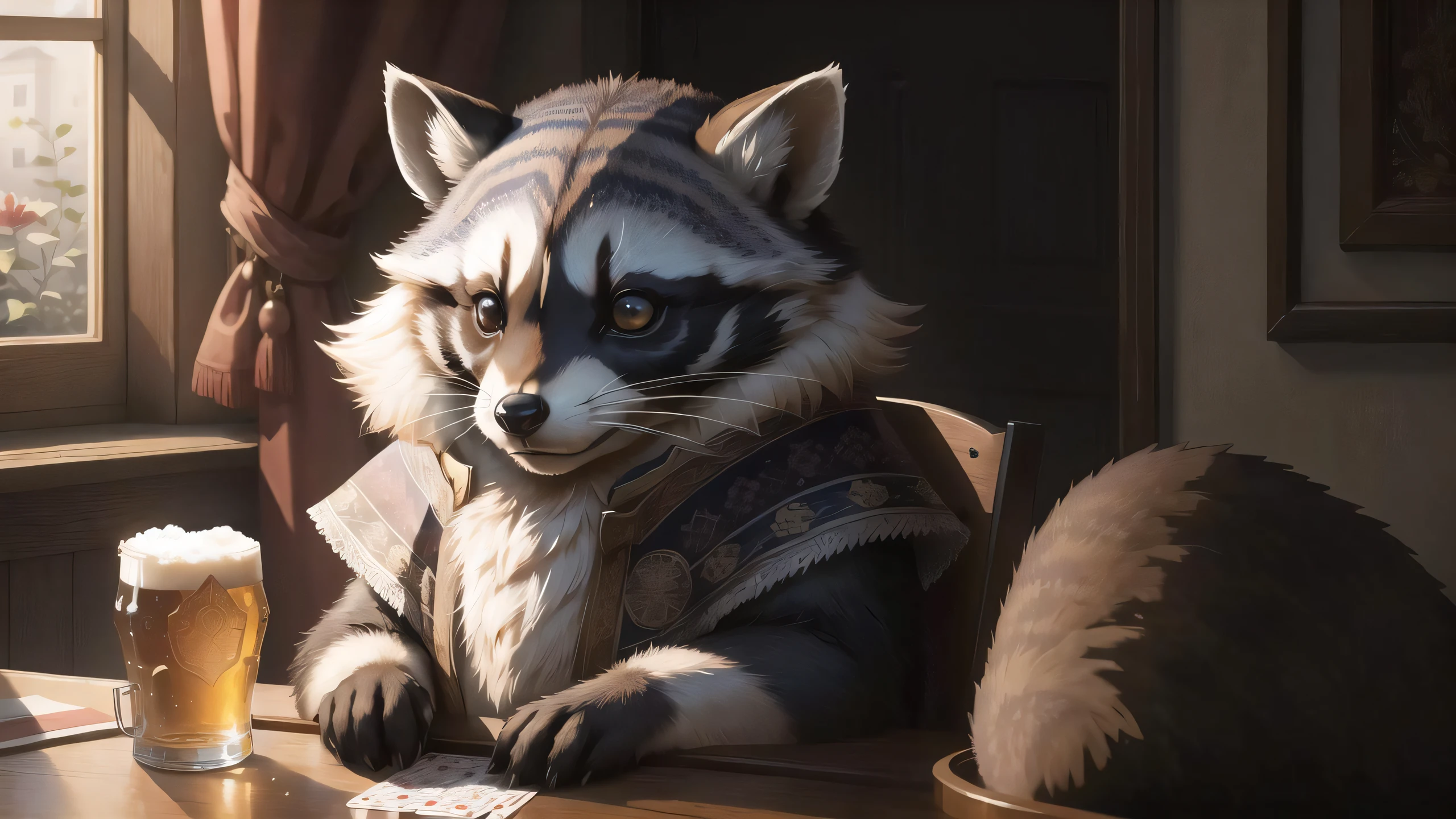 ((best quality)), ((masterpiece)), (detailed), beautiful face,
intricate detailing, (extremely high details:1.3), (8k resolution:1.2),
beautiful artwork illustration, (8k resolution:1.2),
a lonely and sad raccoon sits at a table with a glass of beer and a bottle of whiskey and plays cards