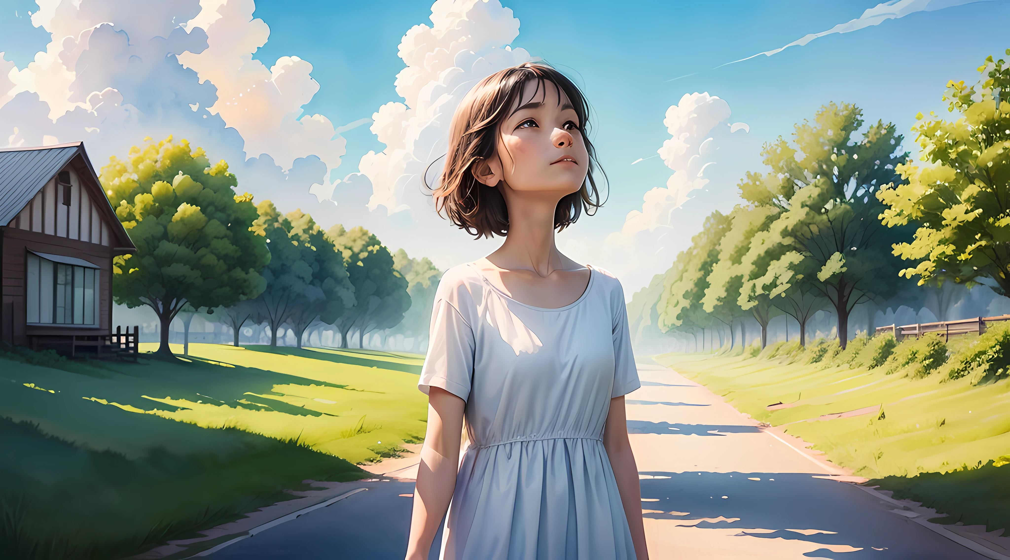 (best quality, watercolor)The ordinary road,Simple everyday life,Summer afternoon sun,A gentle breeze,Tranquility,Look up at the sky,White clouds in the clear blue sky drift leisurely and slowly,enjoying life to its fullest, Don't grieve for loss,Don't get tired of pursuing,Let the mind gain peace and contentment.