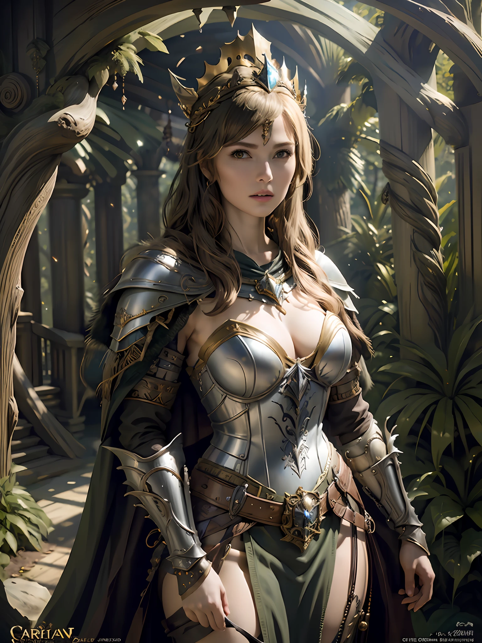masterpiece, top quality, best quality, official art, beautiful and aesthetic, (1girl), (warrior queen armor, fur-lined cape, jeweled crown), serious, busty, large breasts,