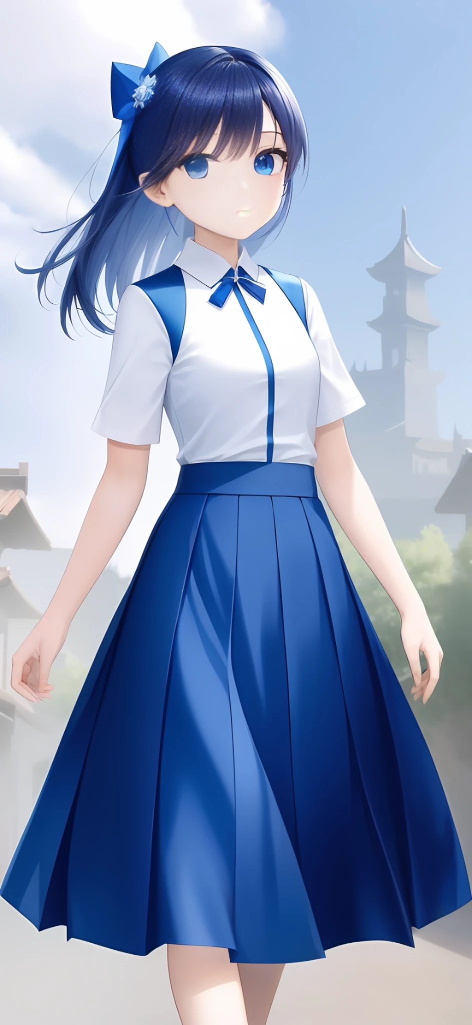 a woman in a blue skirt and white shirt walking down a street, anime style like fate/stay night, cute anime waifu in a nice dress, blue uniform, official character art, in a blue qipao, Magical school student uniform, full-body xianxia, heise jinyao, azur lane style, magic school uniform, Realistic anime 3 d style