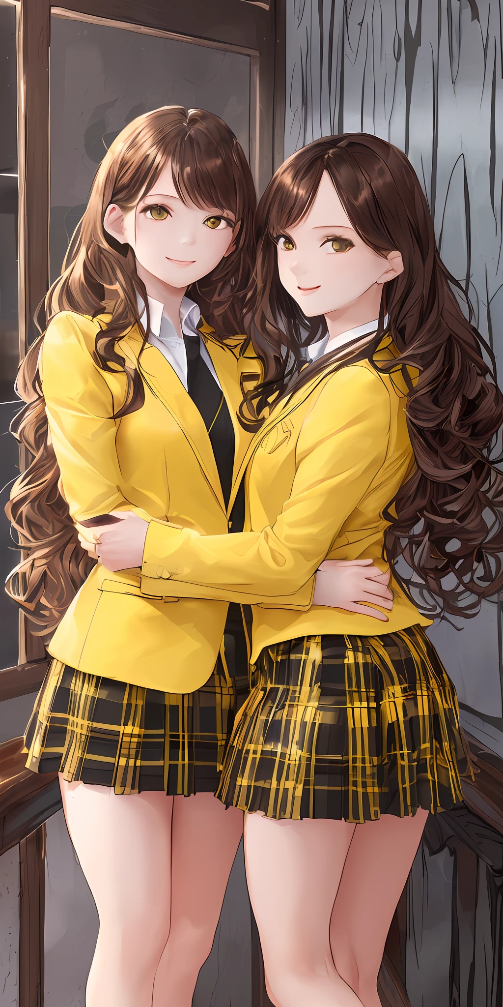 ((Masterpiece, highres)), 2girls, duo, twins, ((one brown haired girl, one blonde girl)), long hair, curly hair, matching hairstyles, different hair color, confident, elegant, proud smiles, (((matching outfits, identical outfits, yellow school uniforms, sexy school uniforms, yellow blazer, yellow short skirt, white thighhighs, black high heels)))