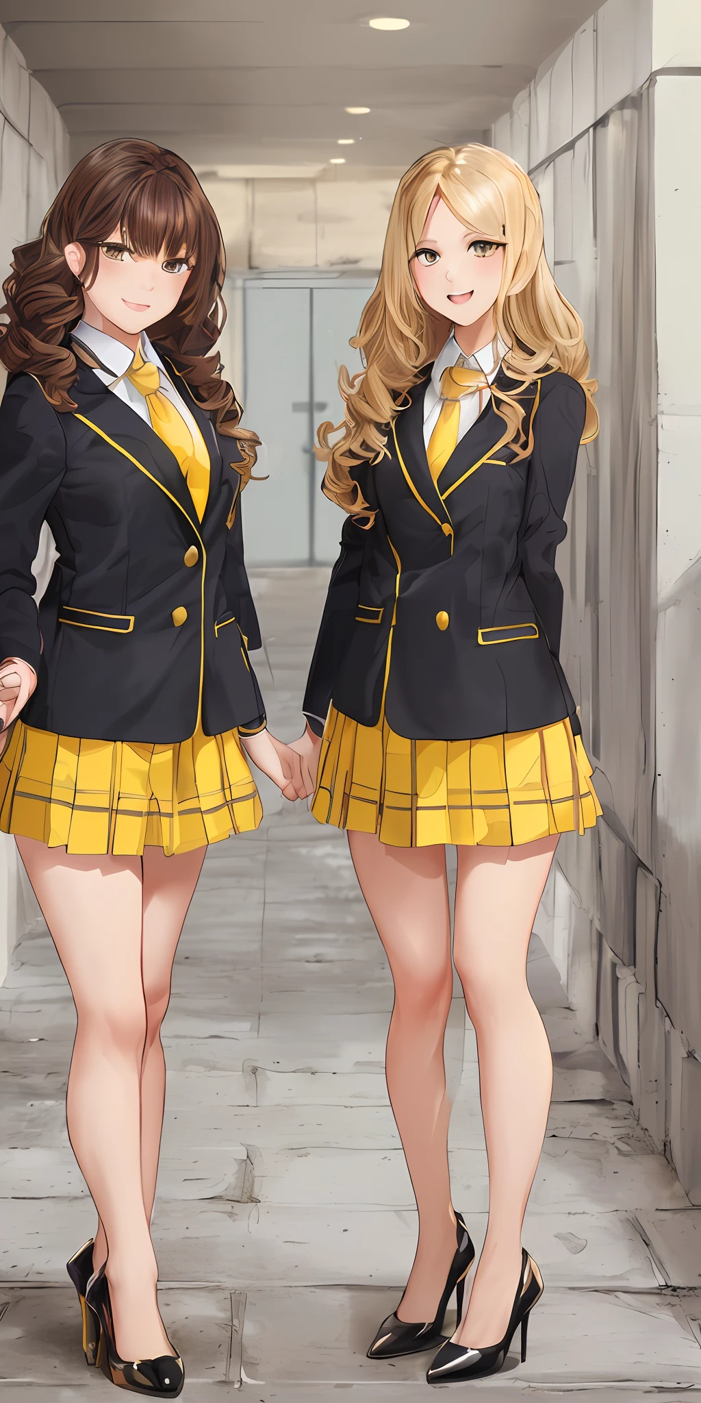 ((Masterpiece, highres)), 2girls, duo, twins, ((one brown haired girl, one blonde girl)), long hair, curly hair, matching hairstyles, different hair color, confident, elegant, proud smiles, (((matching outfits, identical outfits, yellow school uniforms, sexy school uniforms, yellow blazer, yellow short skirt, white thighhighs, black high heels)))