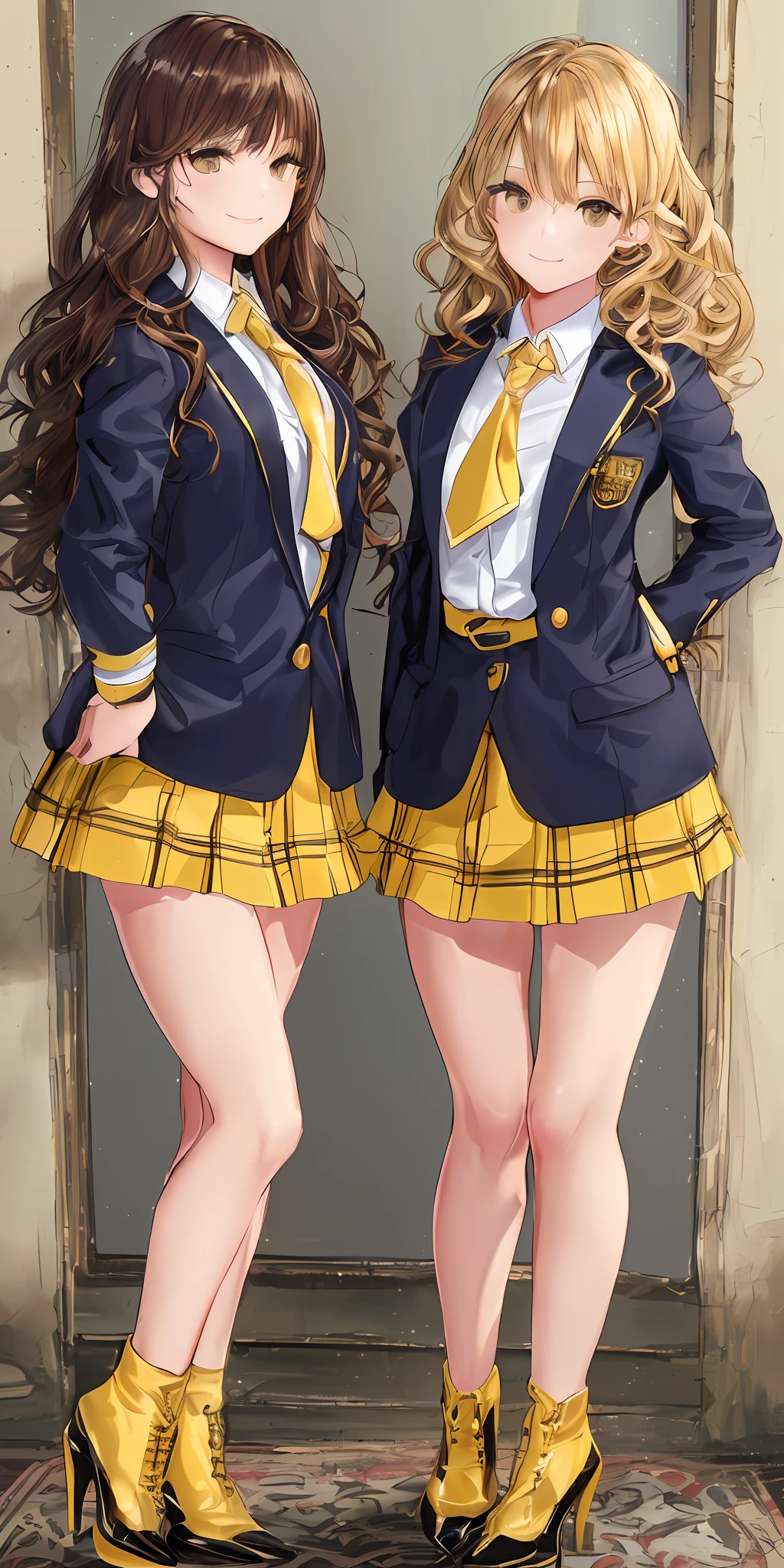 ((Masterpiece, highres)), 2girls, duo, twins, ((one brown haired girl, one blonde girl)), long hair, curly hair, matching hairstyles, different hair color, confident, elegant, proud smiles, (((matching outfits, identical outfits, yellow school uniforms, sexy school uniforms, yellow blazer, yellow short skirt, white thighhighs, black high heels)))