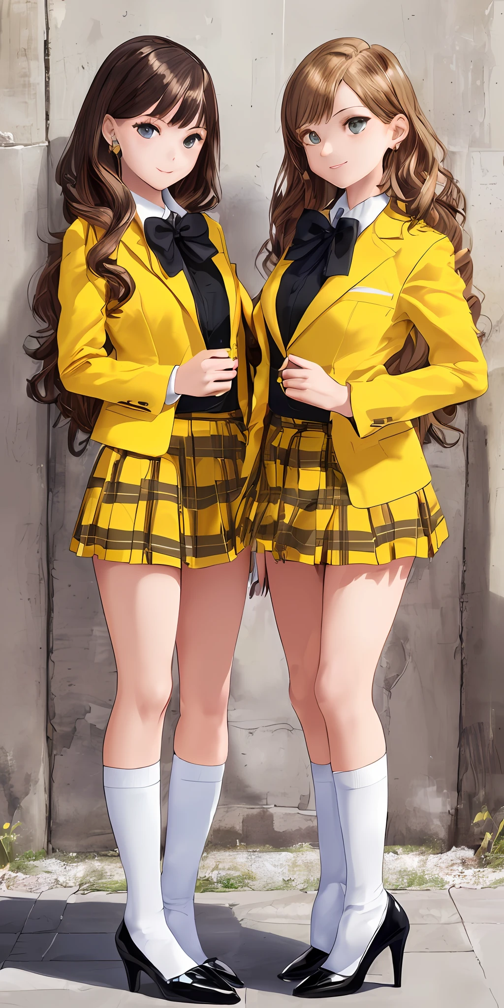 ((Masterpiece, highres)), 2girls, duo, twins, ((one brown haired girl, one blonde girl)), long hair, curly hair, matching hairstyles, different hair color, confident, elegant, proud smiles, (((matching outfits, identical outfits, yellow school uniforms, sexy school uniforms, yellow blazer, yellow short skirt, white thighhighs, black high heels)))