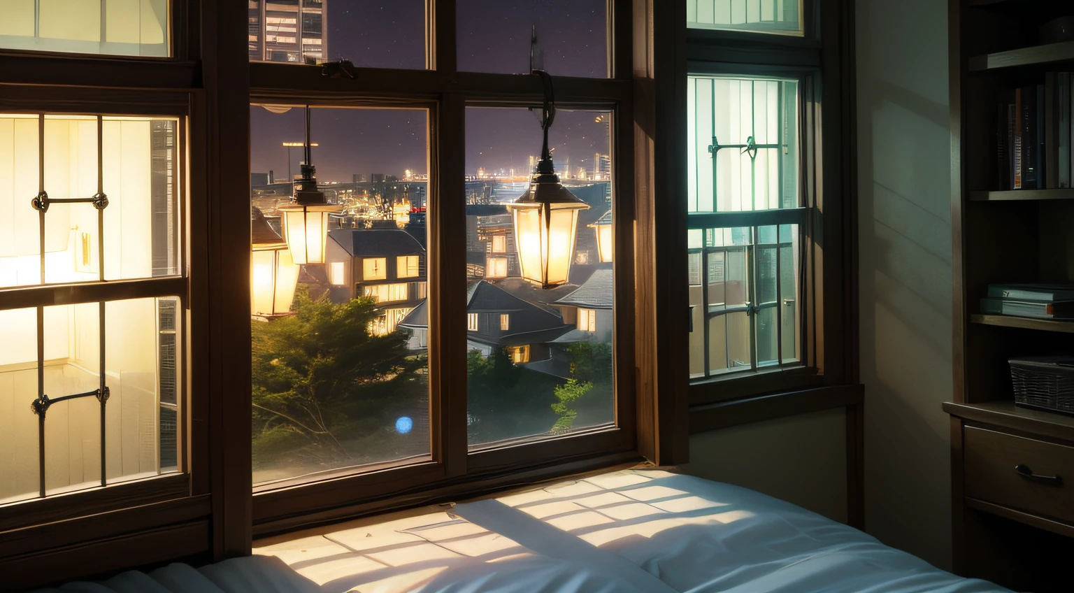 room at night、inside the room、window、Night time、knight、Lamp light、Lovely room