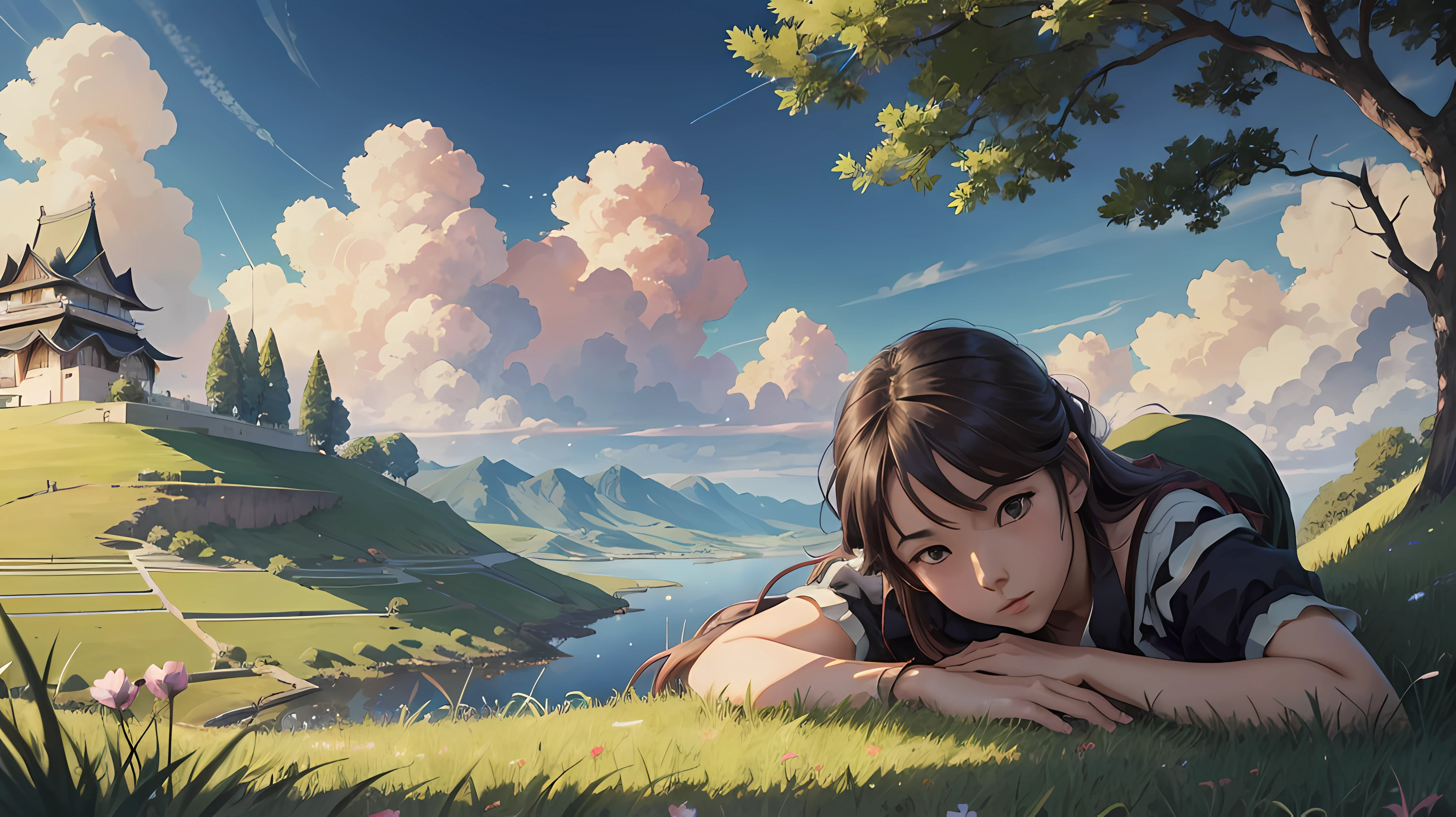 (best quality, watercolor)The ordinary road,Simple everyday life,Summer afternoon sun,A gentle breeze,Tranquility,Look up at the sky,White clouds in the clear blue sky drift leisurely and slowly,enjoying life to its fullest, Don't grieve for loss,Don't get tired of pursuing,Let the mind gain peace and contentment.