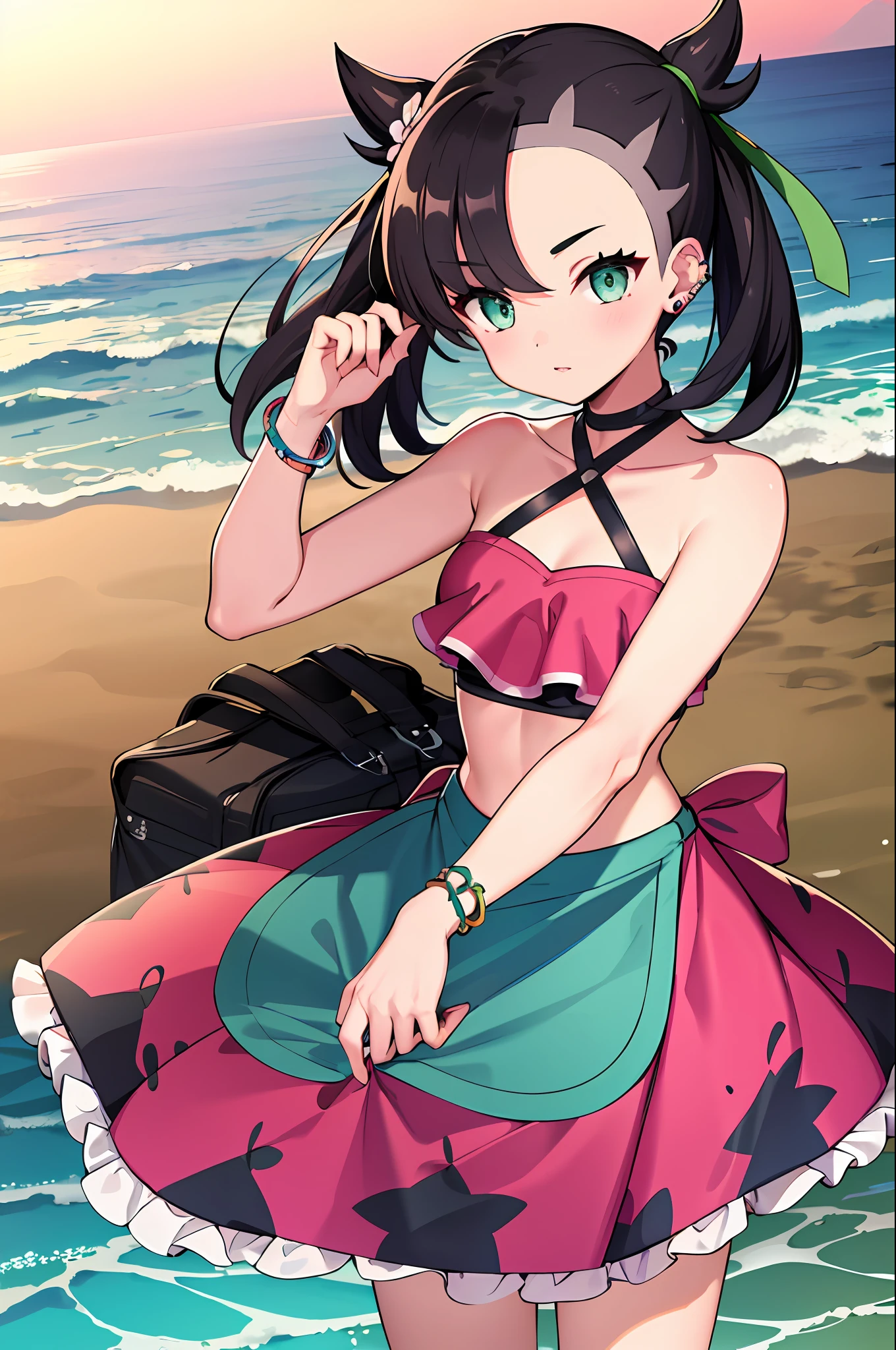 tmasterpiece, Best quality at best, high light, hmmarnie, Water-colored eyes, Green Ribbon, hair flower, 耳Nipple Ring, jewely, halter neck, bangle, navels, Pink swimsuit, frilled bikini, aprons, cowboy lens, standingn, sea beach,hugetits