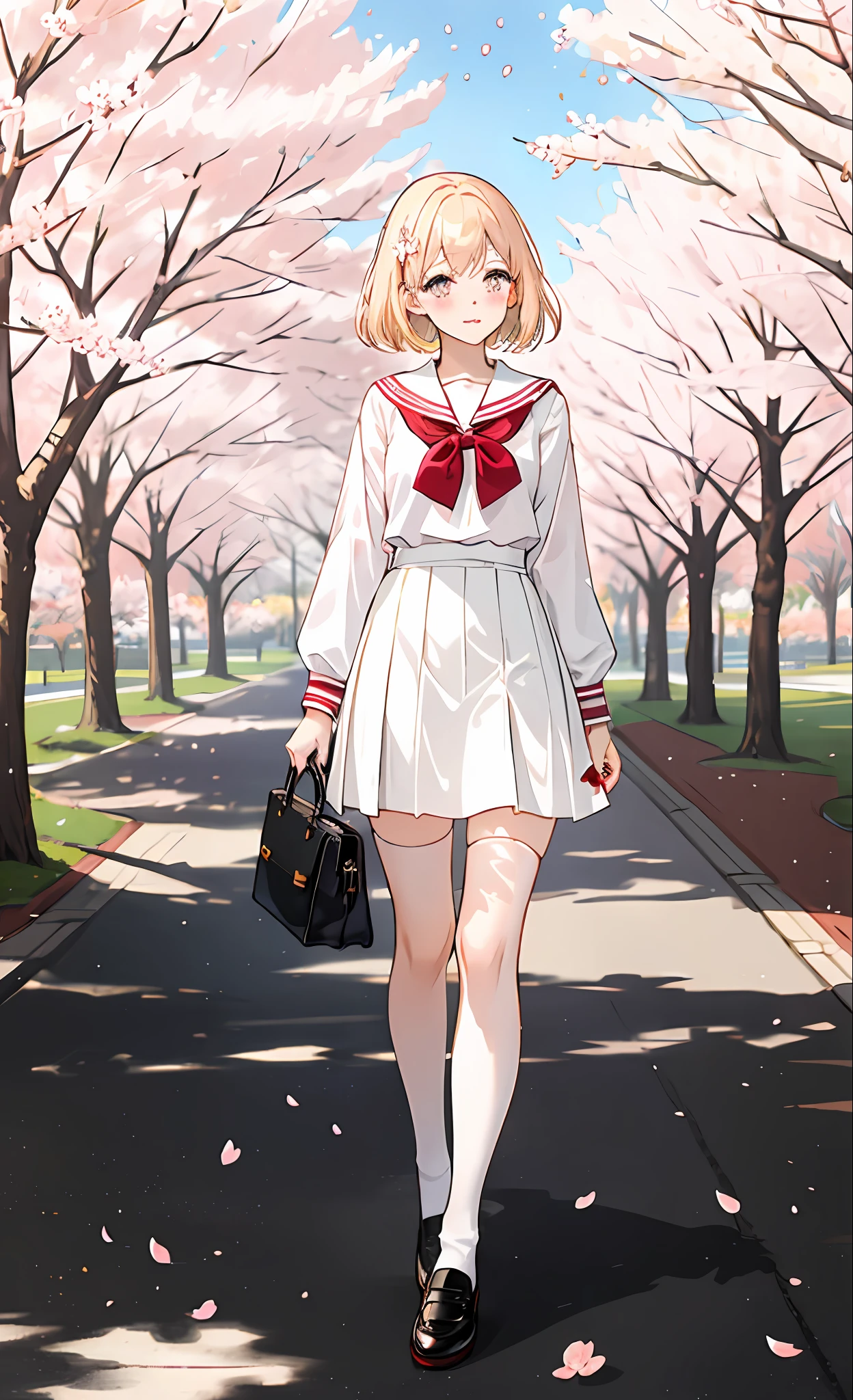 school clothes，White top，Black stockings，Wear leather shoes，Thin leg，photographed，coiffed blonde hair，（cherry blossums），parks，to stand，blush on，meet，手拿👜手提包，makeups，lipsticks，sun beam，Cherry blossoms fall