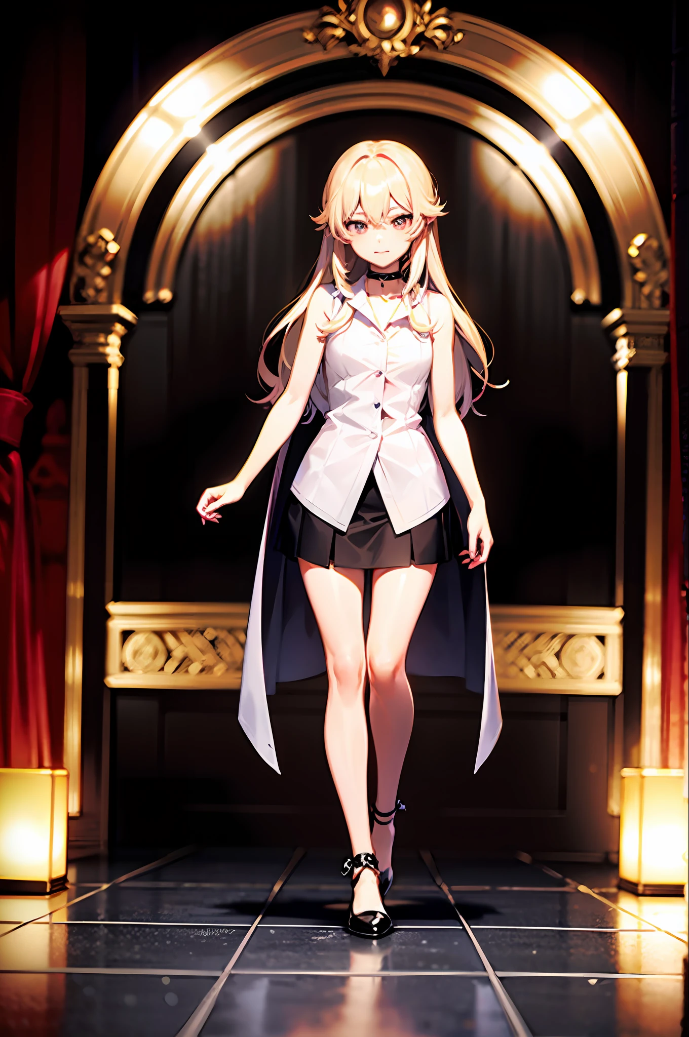 best quality, ultra high res, 1girl, sleeveless white button shirt, black skirt, black choker, cute, (Kpop idol), (aegyo sal:1), (platinum blonde hair:1), ((puffy eyes)), looking at viewer, full body, facing front